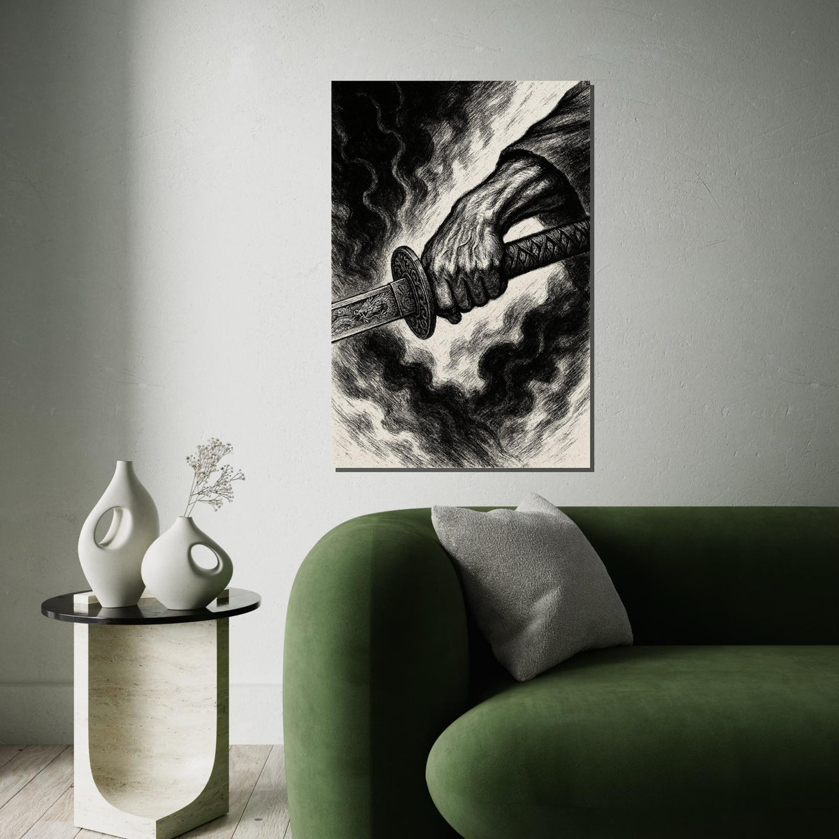 Samurai Sword Canvas, Warrior Art, Battle Hand Poster, Canvas Wall Art, Ready To Hang Decoration, Dark Art Canvas Design