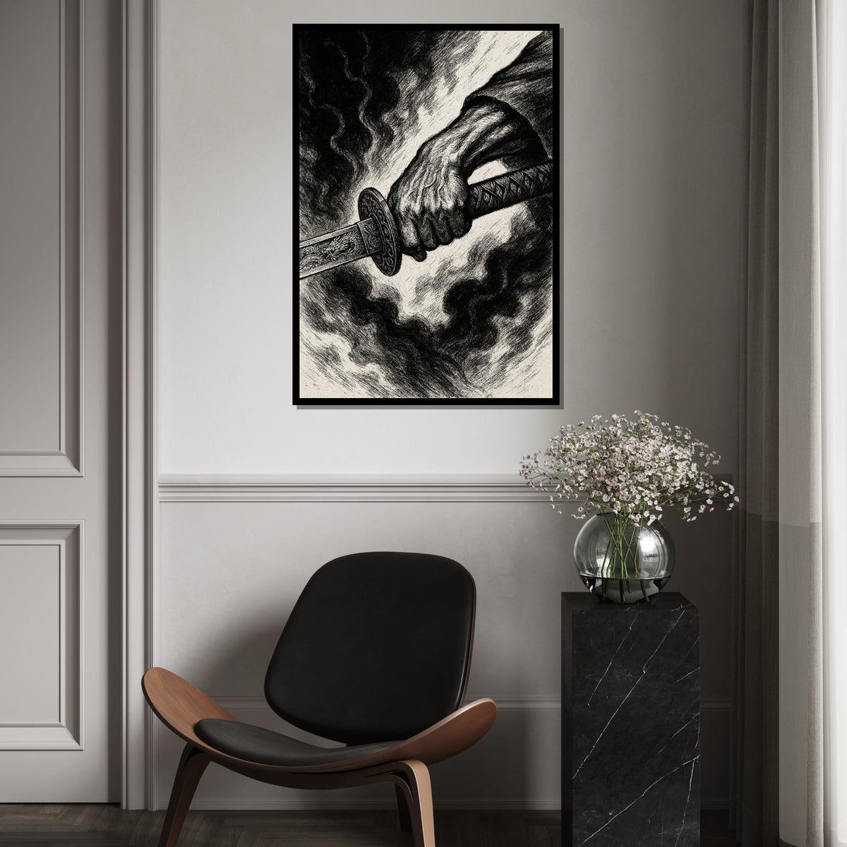 Samurai Sword Canvas, Warrior Art, Battle Hand Poster, Canvas Wall Art, Ready To Hang Decoration, Dark Art Canvas Design