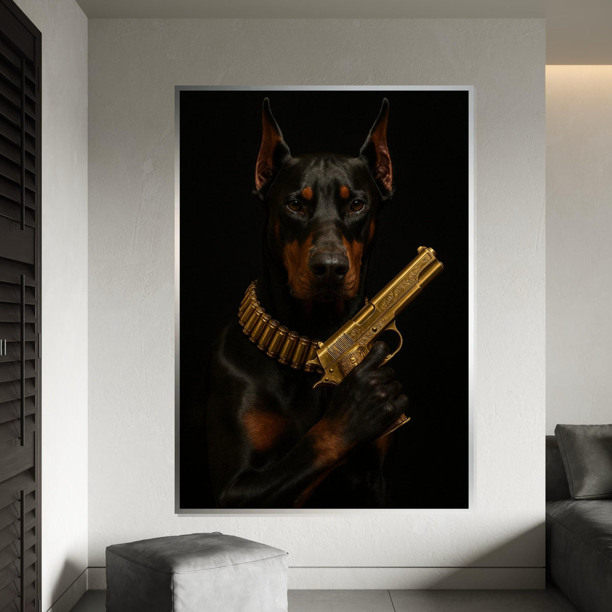 Doberman with Gold Gun Canvas, Dog Art Poster, Dark Canine Wall Art, Ready to Hang Canvas, Bold Animal Decor, Unique Wall Design