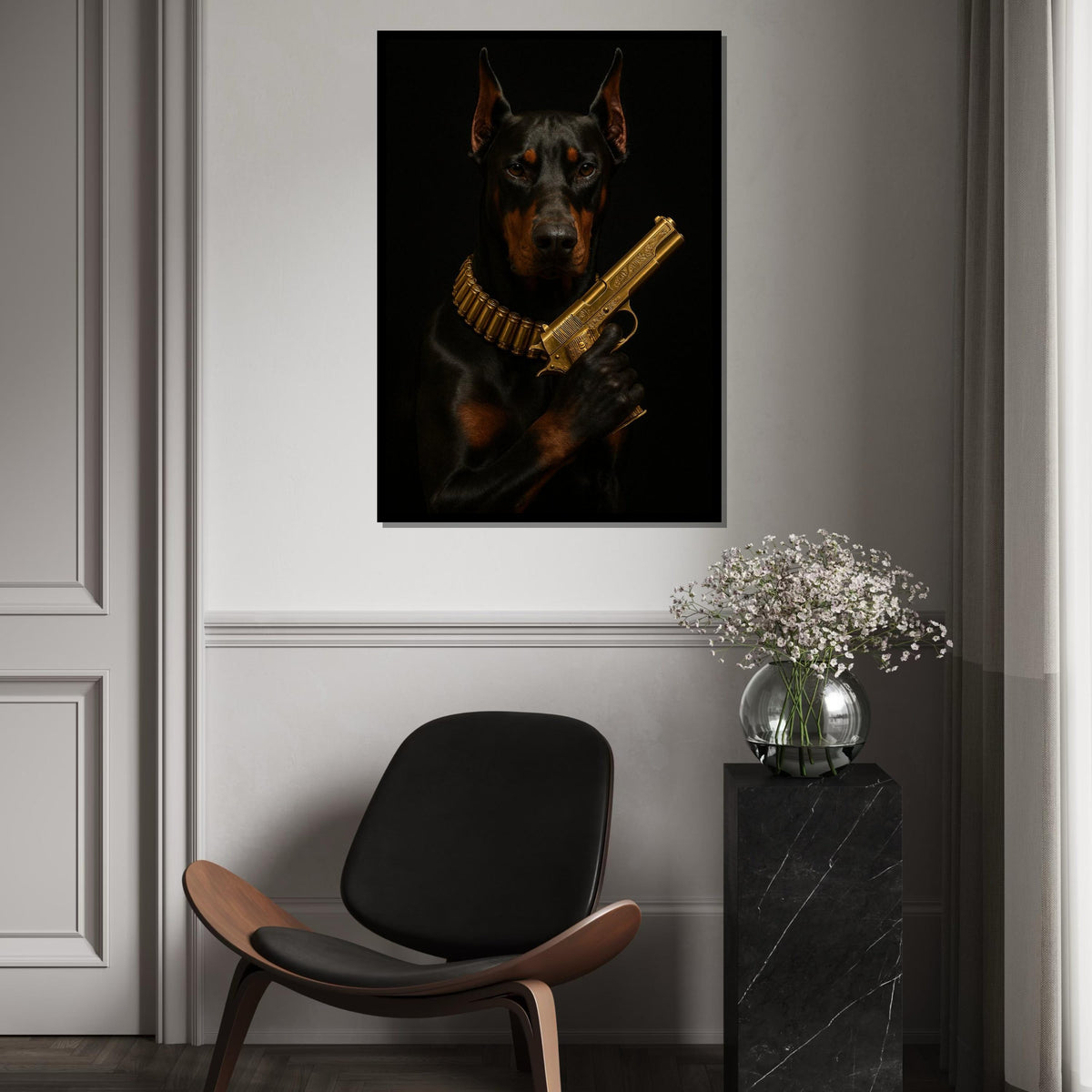 Doberman with Gold Gun Canvas, Dog Art Poster, Dark Canine Wall Art, Ready to Hang Canvas, Bold Animal Decor, Unique Wall Design
