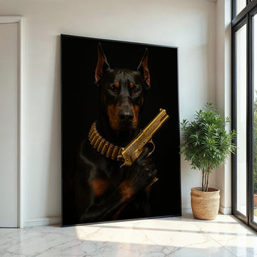 Doberman with Gold Gun Canvas, Dog Art Poster, Dark Canine Wall Art, Ready to Hang Canvas, Bold Animal Decor, Unique Wall Design