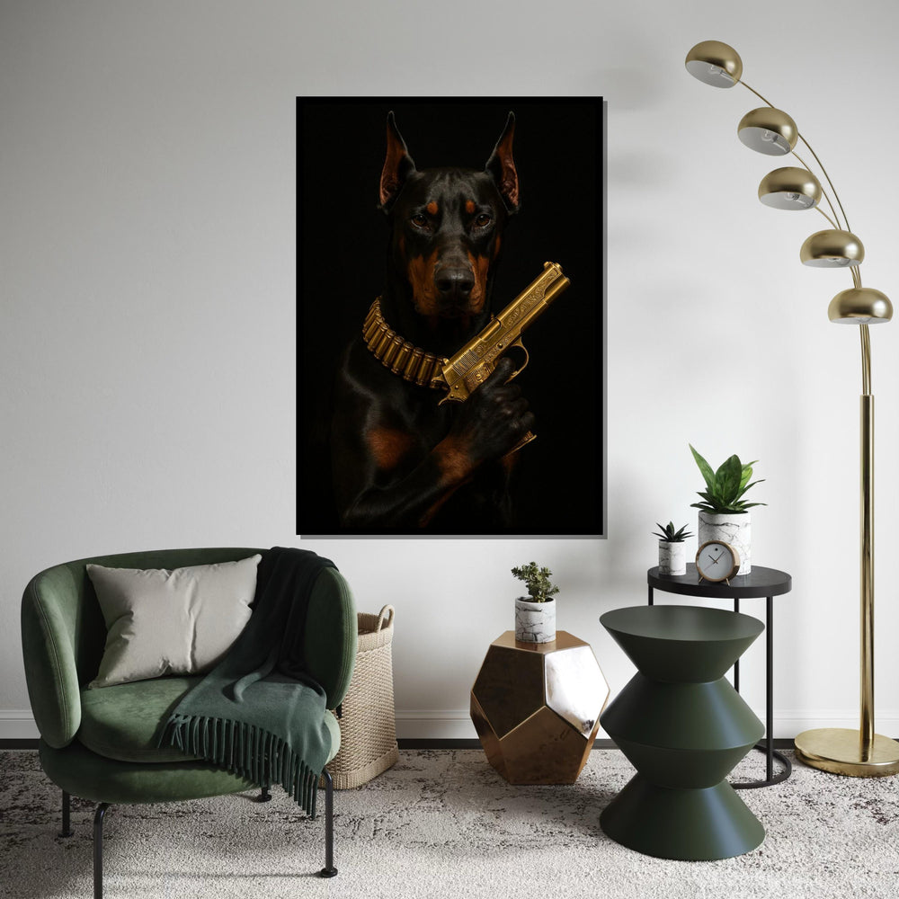 Doberman with Gold Gun Canvas, Dog Art Poster, Dark Canine Wall Art, Ready to Hang Canvas, Bold Animal Decor, Unique Wall Design