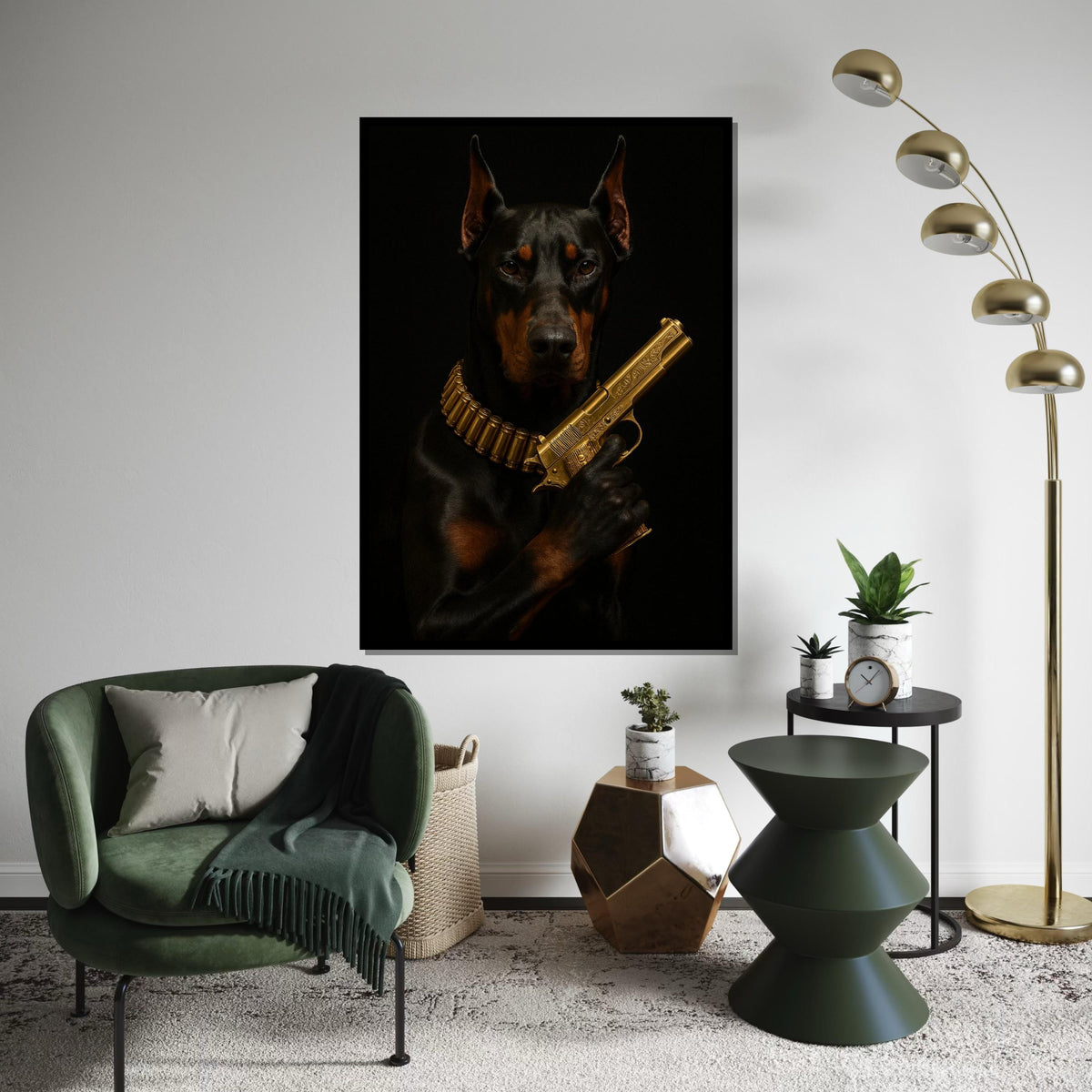 Doberman with Gold Gun Canvas, Dog Art Poster, Dark Canine Wall Art, Ready to Hang Canvas, Bold Animal Decor, Unique Wall Design