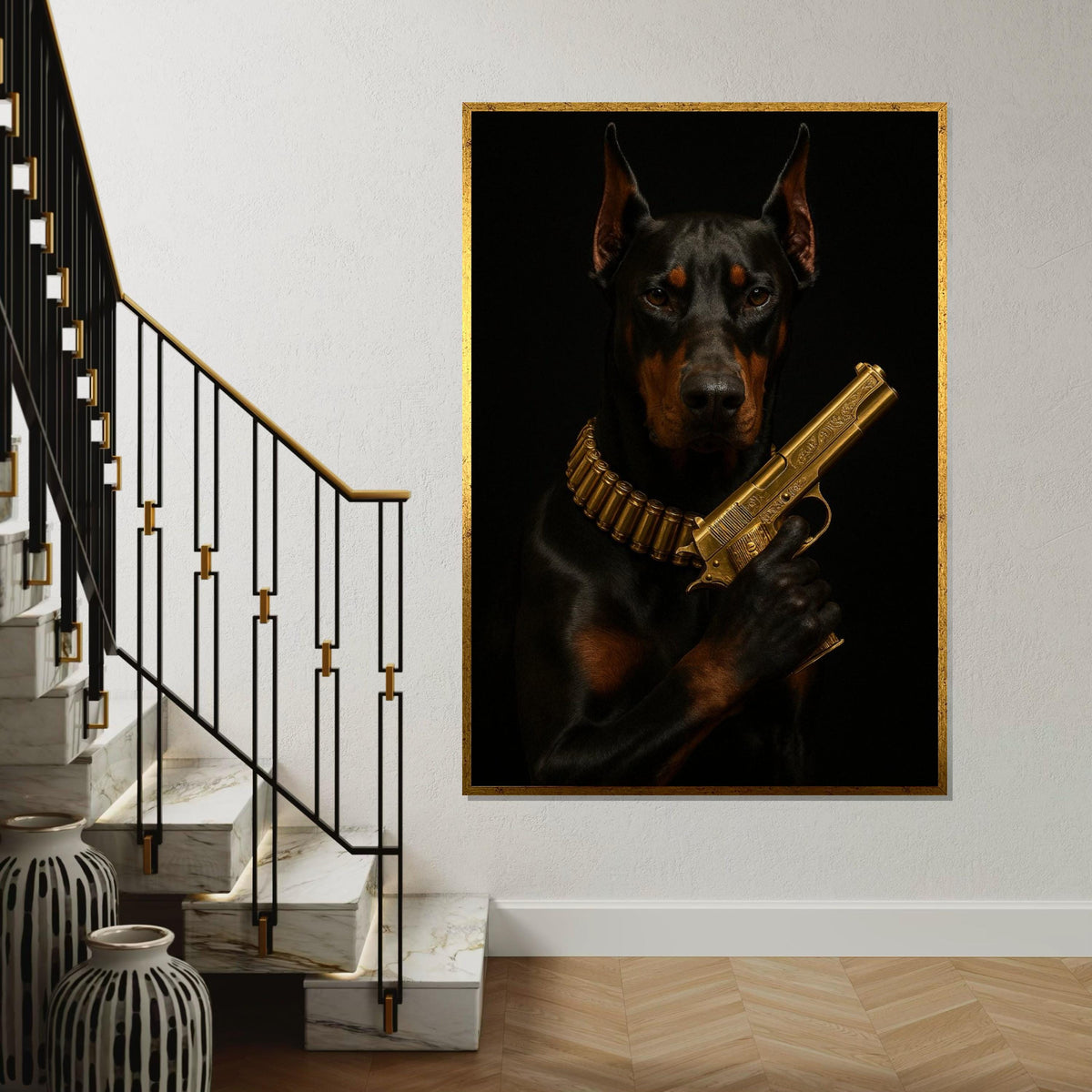 Doberman with Gold Gun Canvas, Dog Art Poster, Dark Canine Wall Art, Ready to Hang Canvas, Bold Animal Decor, Unique Wall Design
