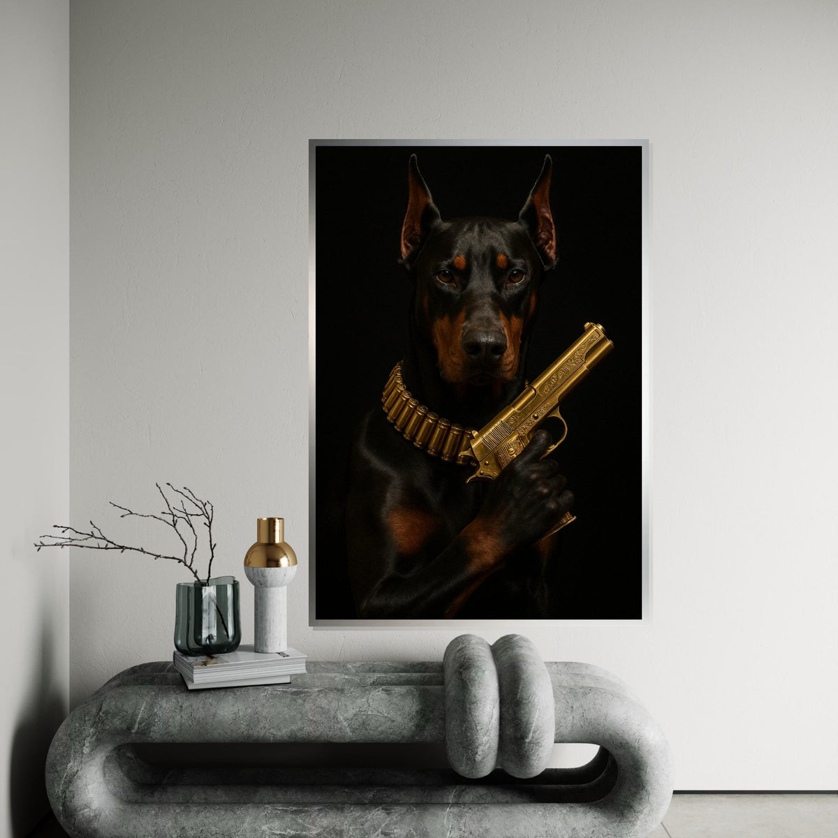 Doberman with Gold Gun Canvas, Dog Art Poster, Dark Canine Wall Art, Ready to Hang Canvas, Bold Animal Decor, Unique Wall Design