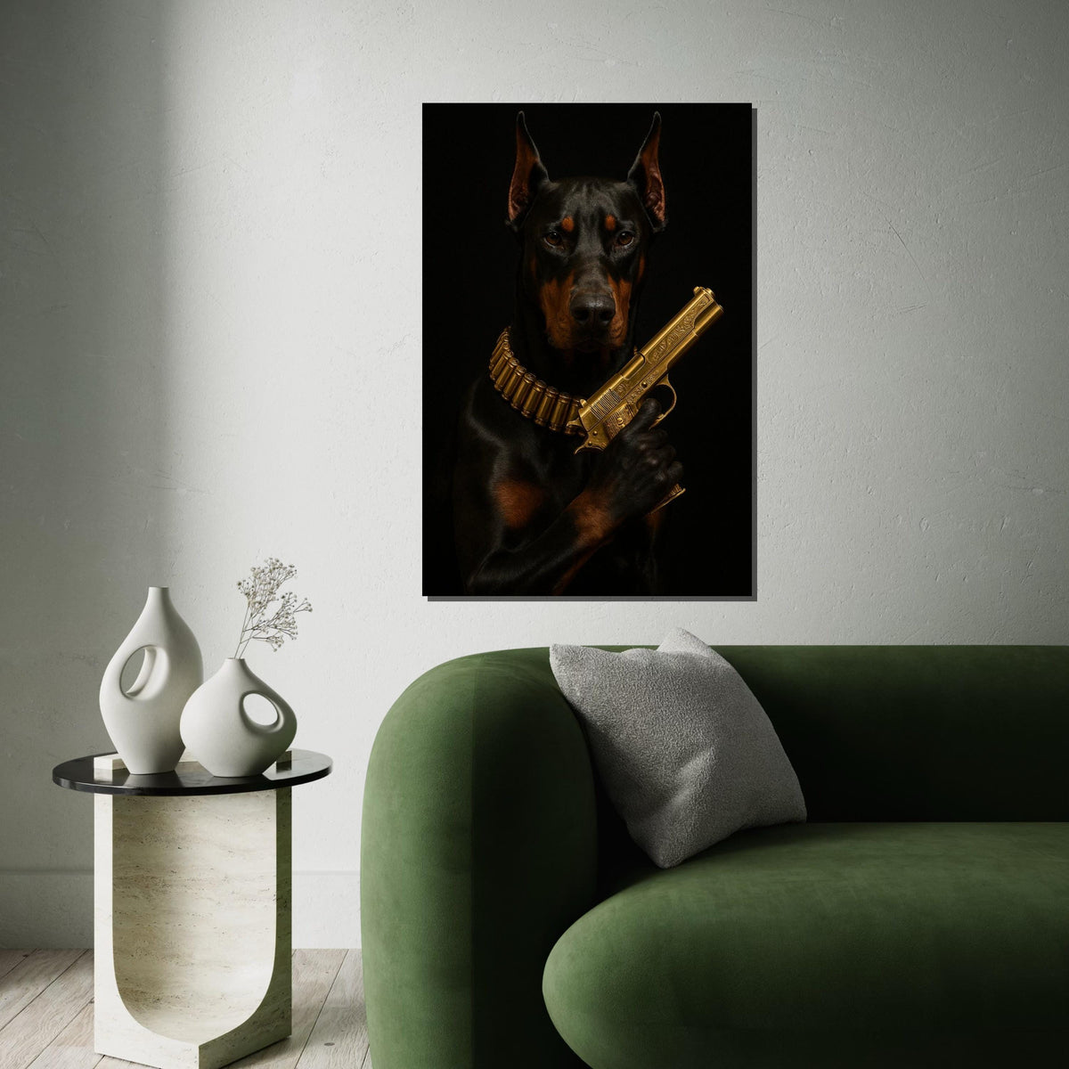 Doberman with Gold Gun Canvas, Dog Art Poster, Dark Canine Wall Art, Ready to Hang Canvas, Bold Animal Decor, Unique Wall Design