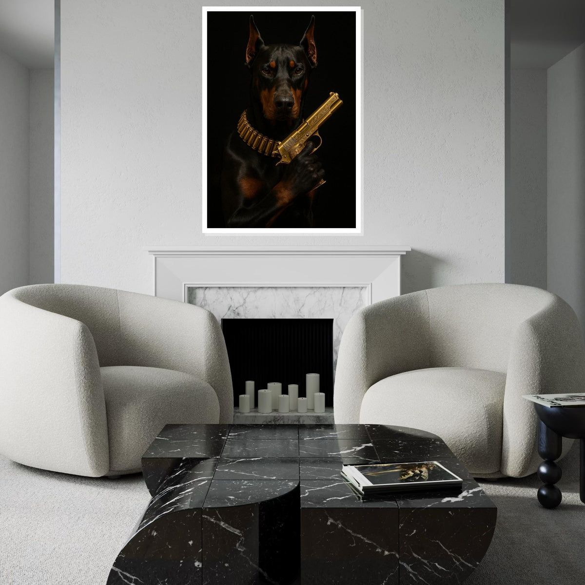Doberman with Gold Gun Canvas, Dog Art Poster, Dark Canine Wall Art, Ready to Hang Canvas, Bold Animal Decor, Unique Wall Design