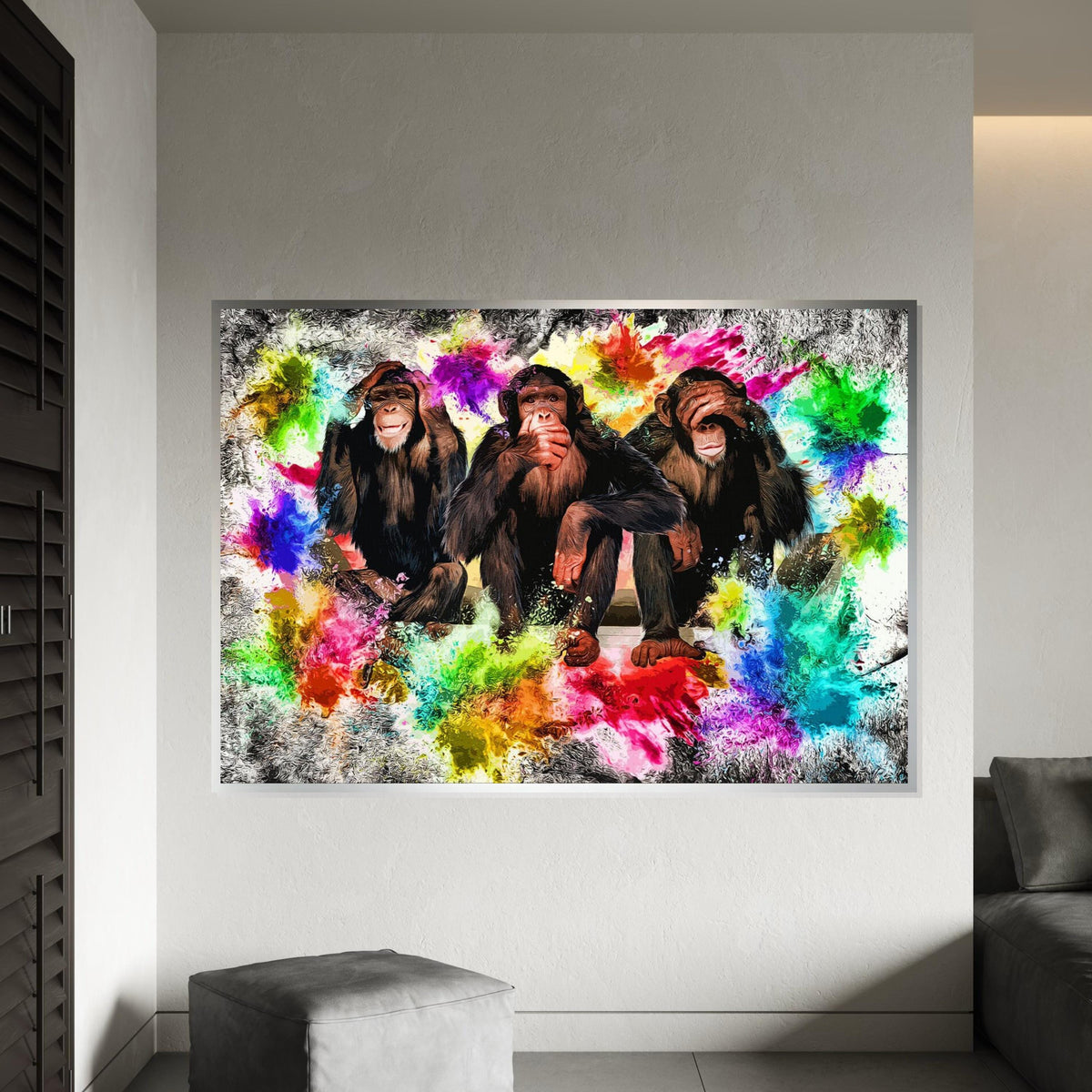 Colorful See No Evil Chimps, Multicolor Chimpanzees Canvas, Animal Art, Wall Art Canvas Design, Ready To Hang Decor