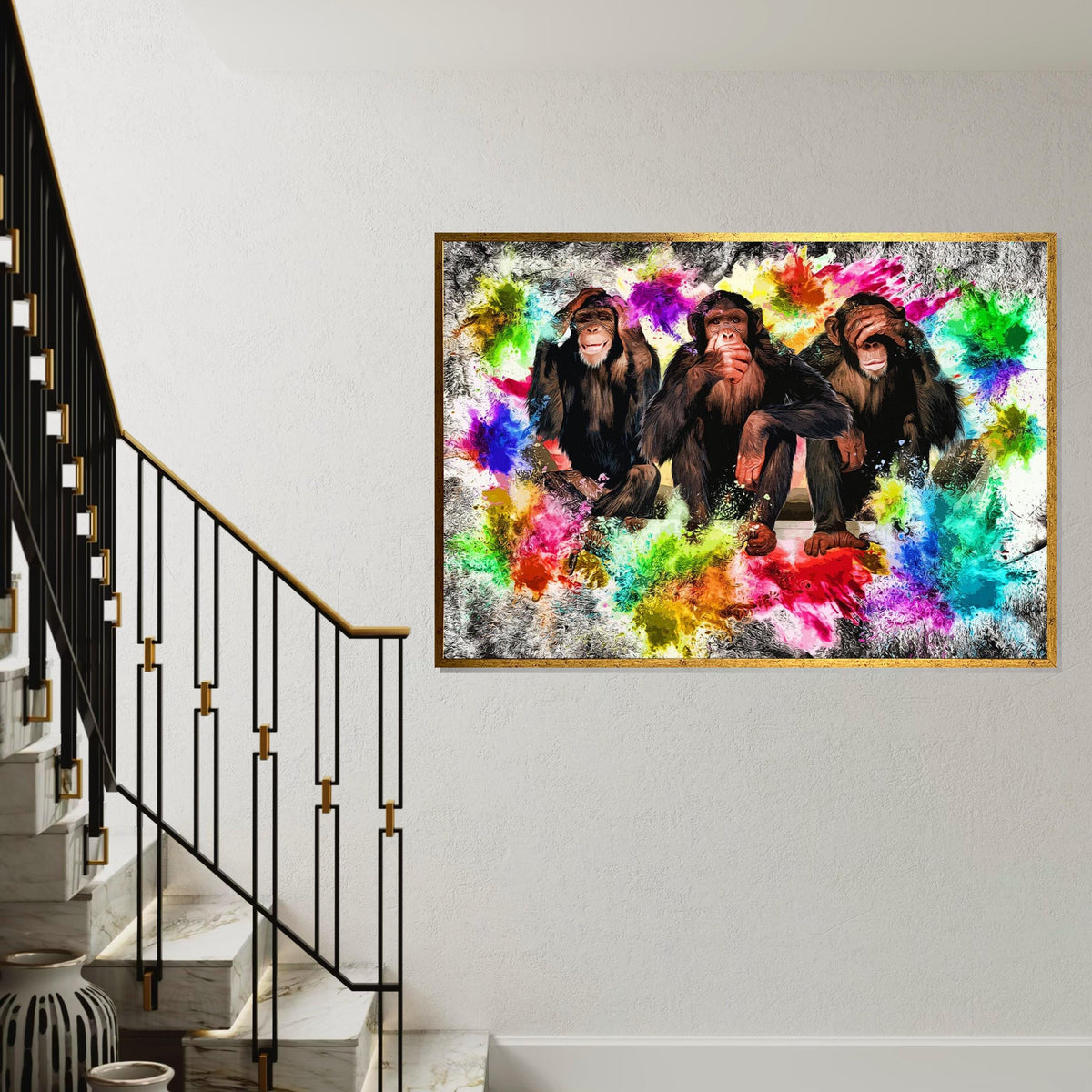 Colorful See No Evil Chimps, Multicolor Chimpanzees Canvas, Animal Art, Wall Art Canvas Design, Ready To Hang Decor