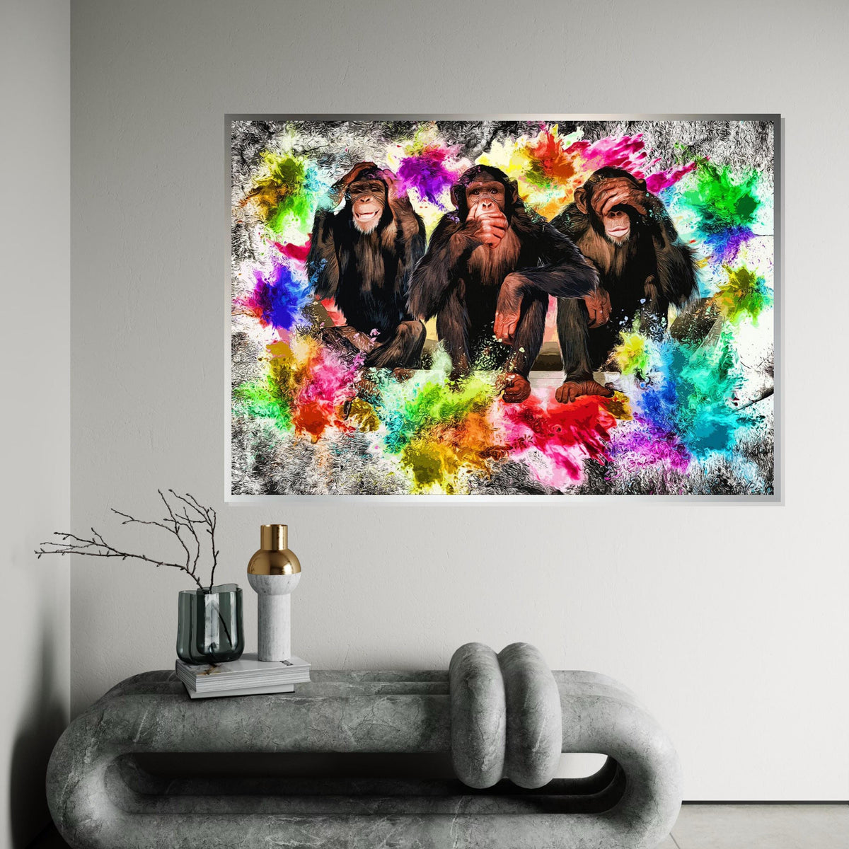 Colorful See No Evil Chimps, Multicolor Chimpanzees Canvas, Animal Art, Wall Art Canvas Design, Ready To Hang Decor