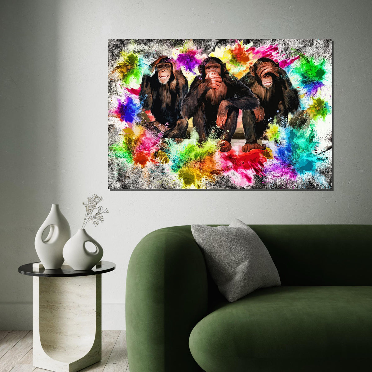 Colorful See No Evil Chimps, Multicolor Chimpanzees Canvas, Animal Art, Wall Art Canvas Design, Ready To Hang Decor