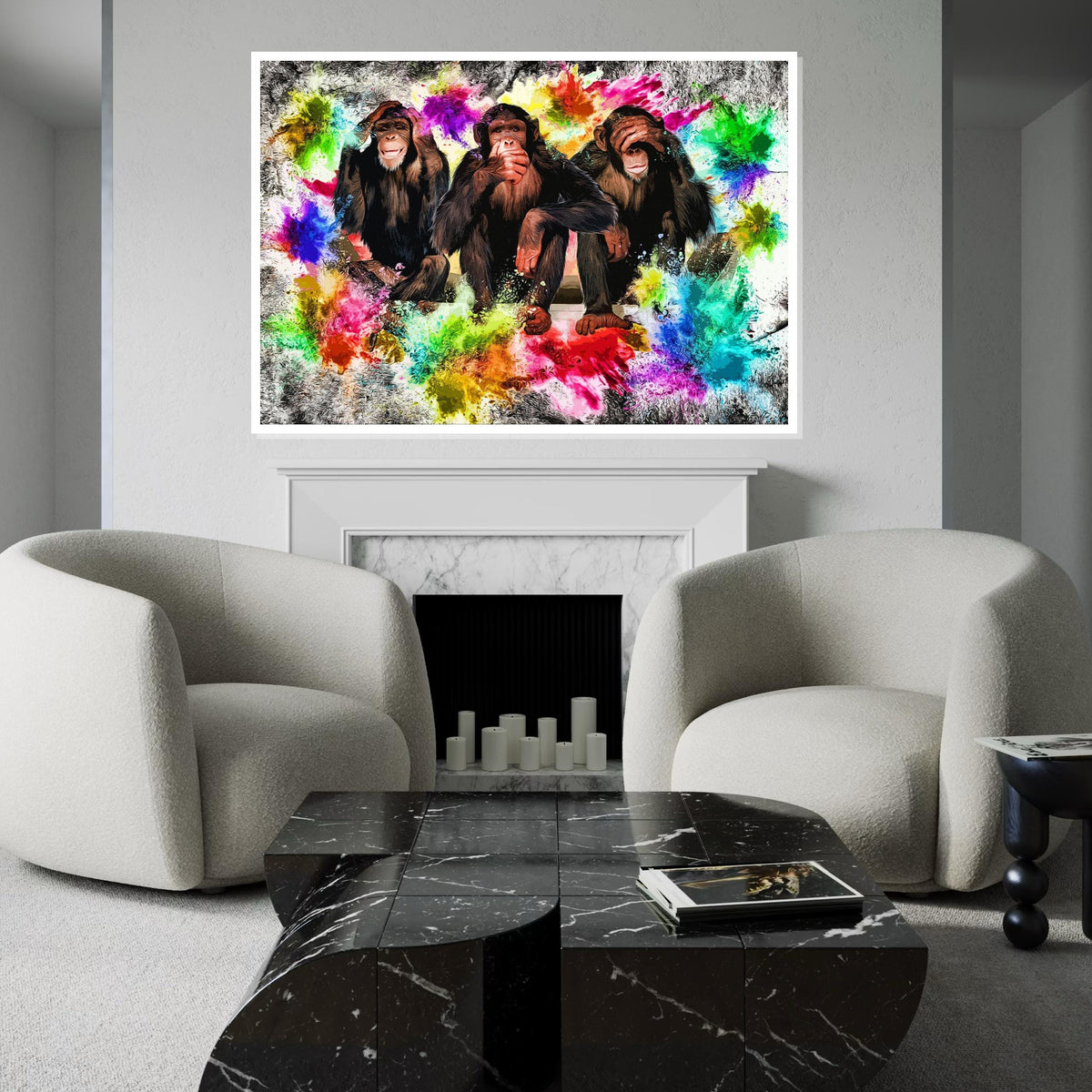 Colorful See No Evil Chimps, Multicolor Chimpanzees Canvas, Animal Art, Wall Art Canvas Design, Ready To Hang Decor