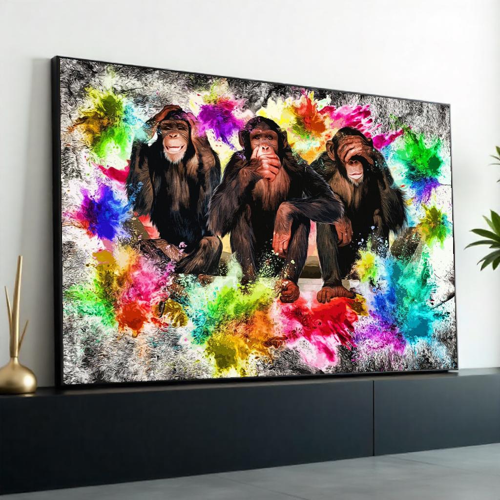 Colorful See No Evil Chimps, Multicolor Chimpanzees Canvas, Animal Art, Wall Art Canvas Design, Ready To Hang Decor