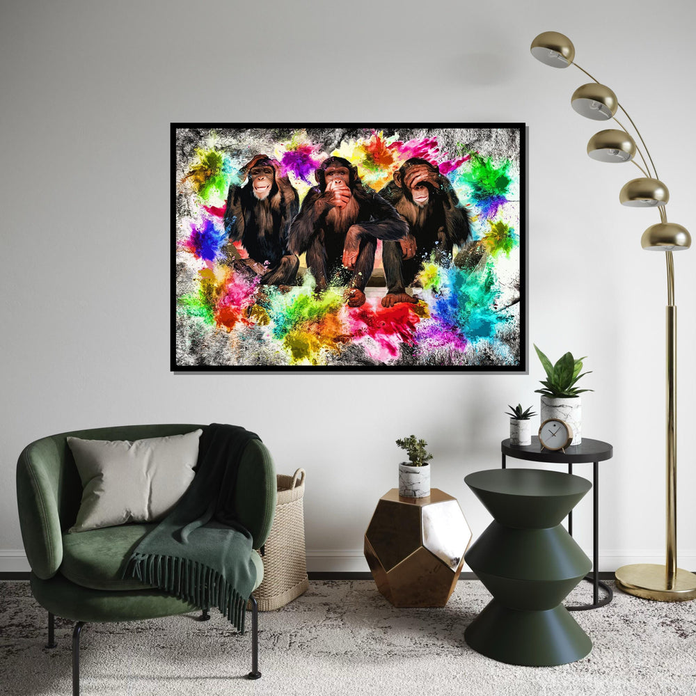 Colorful See No Evil Chimps, Multicolor Chimpanzees Canvas, Animal Art, Wall Art Canvas Design, Ready To Hang Decor