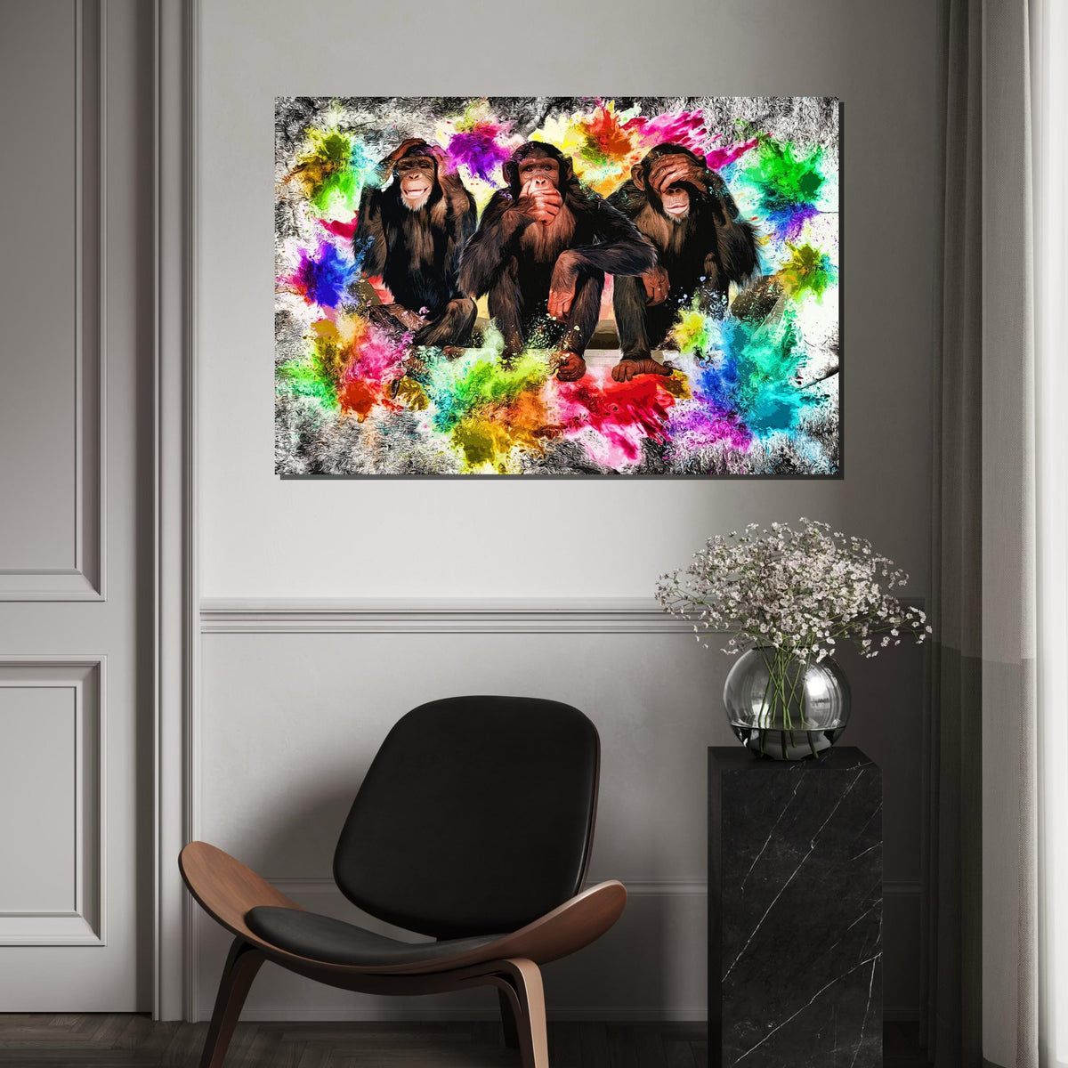 Colorful See No Evil Chimps, Multicolor Chimpanzees Canvas, Animal Art, Wall Art Canvas Design, Ready To Hang Decor