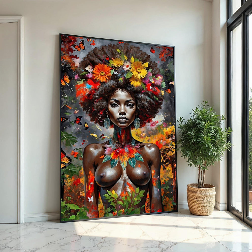 Floral Goddess Canvas, Ethnic Black Woman Art, Vibrant Portrait Wall Art, Butterfly Surround Canvas, Wall Art Canvas Design, Ready to Hang
