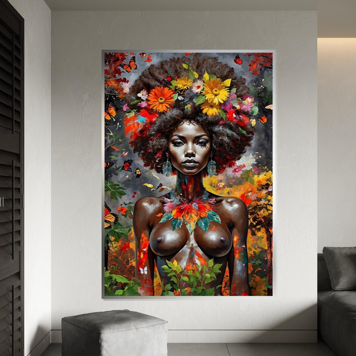 Floral Goddess Canvas, Ethnic Black Woman Art, Vibrant Portrait Wall Art, Butterfly Surround Canvas, Wall Art Canvas Design, Ready to Hang