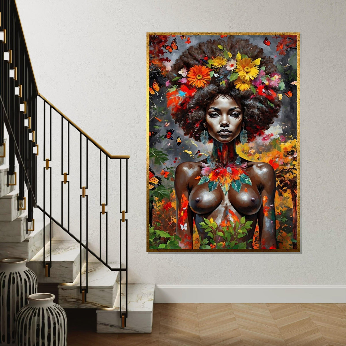 Floral Goddess Canvas, Ethnic Black Woman Art, Vibrant Portrait Wall Art, Butterfly Surround Canvas, Wall Art Canvas Design, Ready to Hang