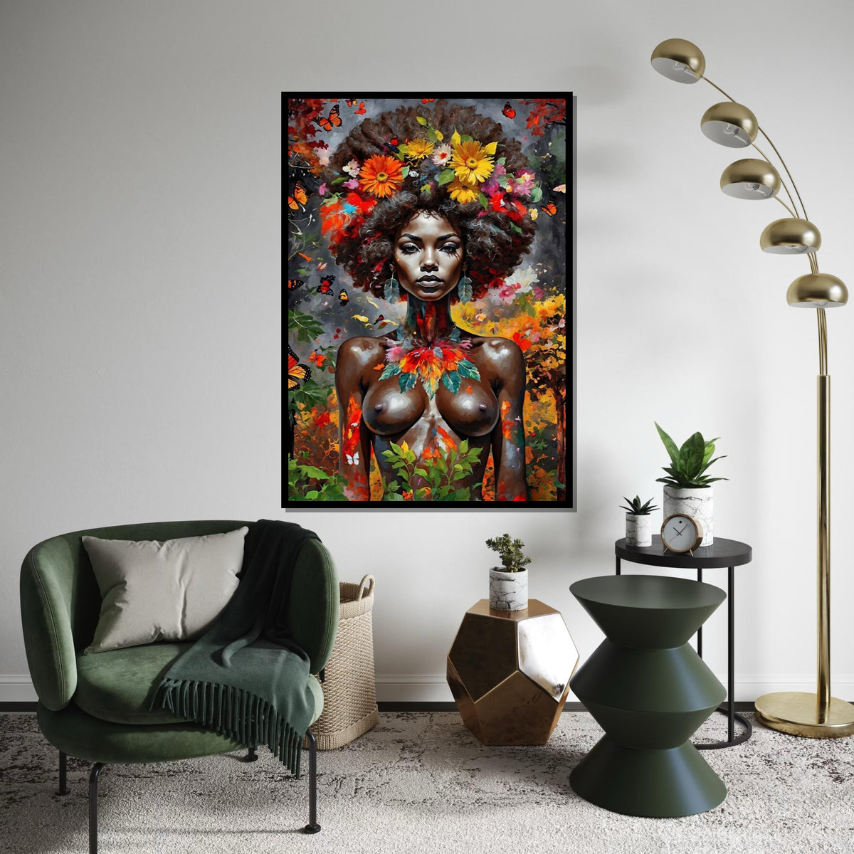 Floral Goddess Canvas, Ethnic Black Woman Art, Vibrant Portrait Wall Art, Butterfly Surround Canvas, Wall Art Canvas Design, Ready to Hang
