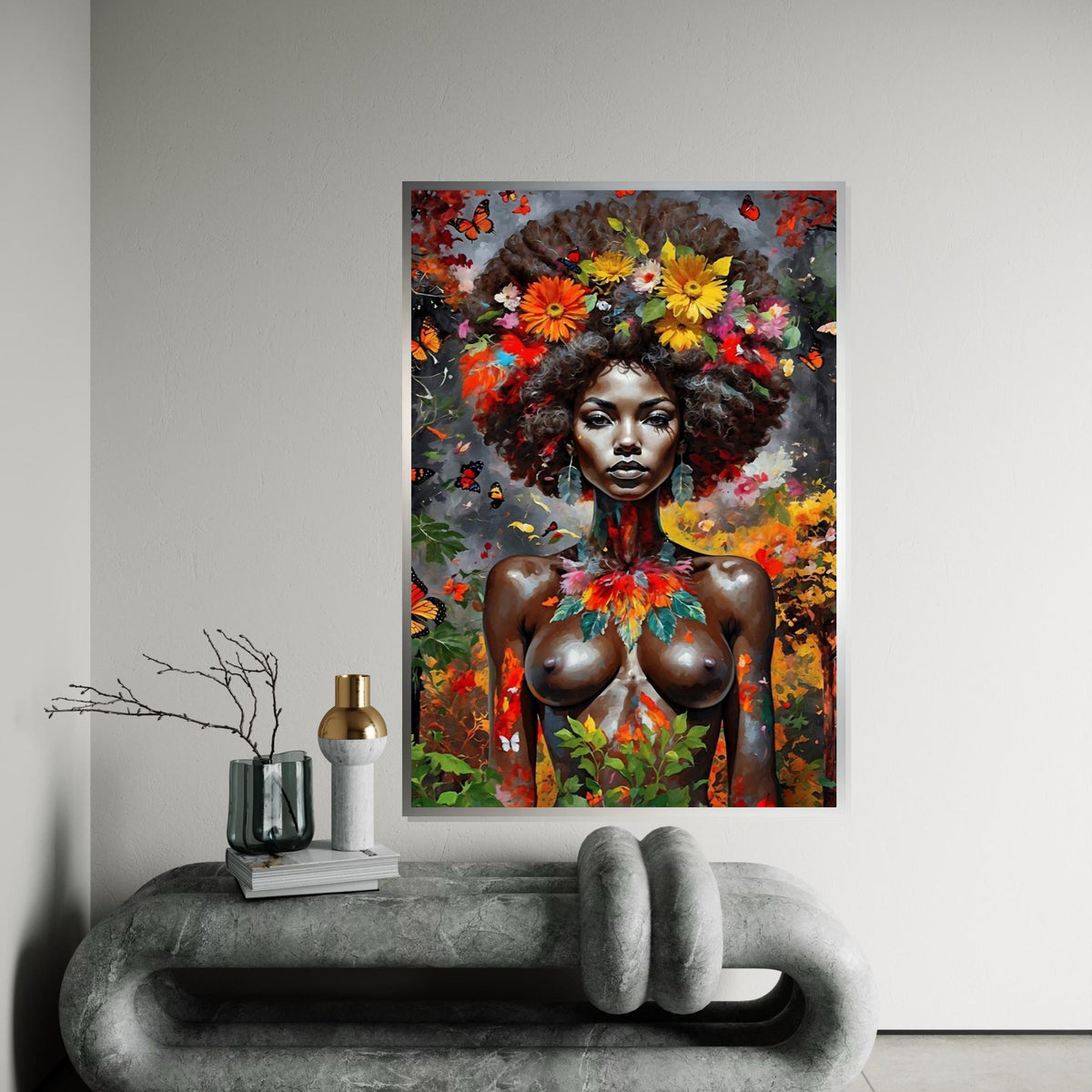 Floral Goddess Canvas, Ethnic Black Woman Art, Vibrant Portrait Wall Art, Butterfly Surround Canvas, Wall Art Canvas Design, Ready to Hang