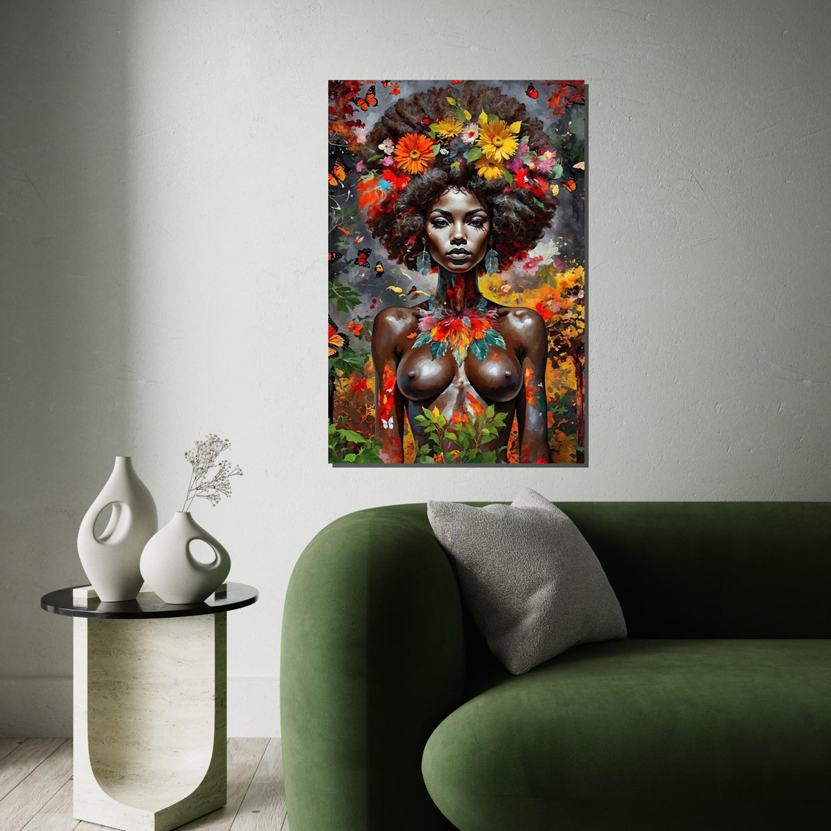 Floral Goddess Canvas, Ethnic Black Woman Art, Vibrant Portrait Wall Art, Butterfly Surround Canvas, Wall Art Canvas Design, Ready to Hang