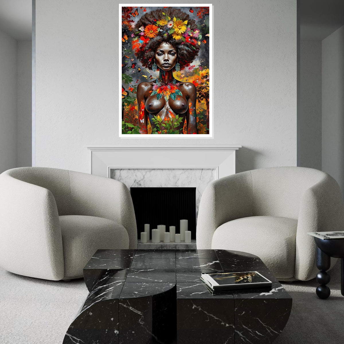 Floral Goddess Canvas, Ethnic Black Woman Art, Vibrant Portrait Wall Art, Butterfly Surround Canvas, Wall Art Canvas Design, Ready to Hang
