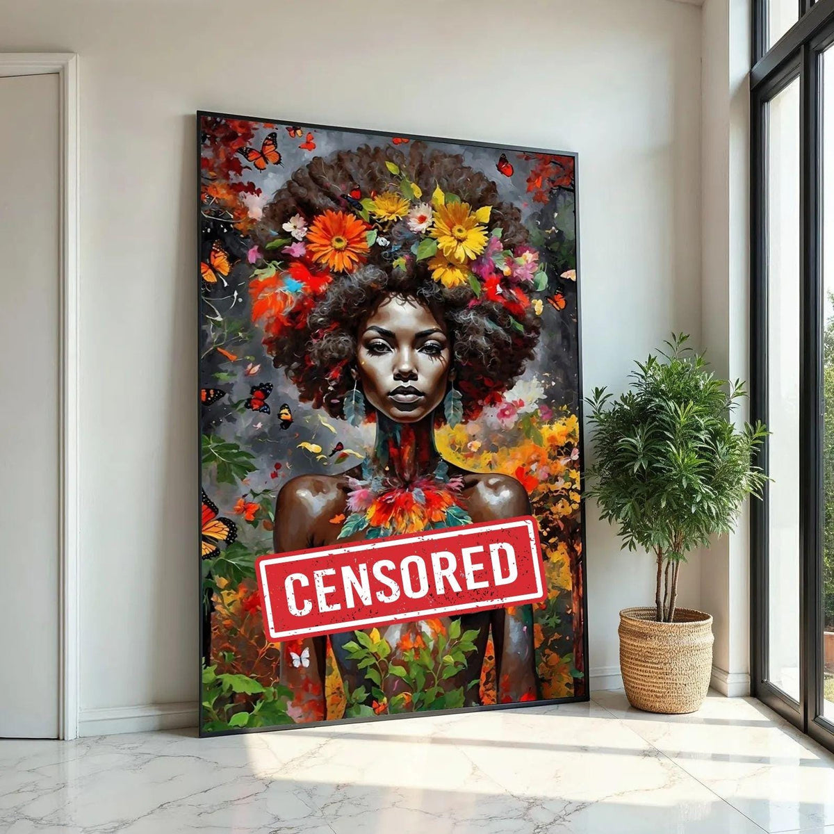 Floral Goddess Canvas, Ethnic Black Woman Art, Vibrant Portrait Wall Art, Butterfly Surround Canvas, Wall Art Canvas Design, Ready to Hang