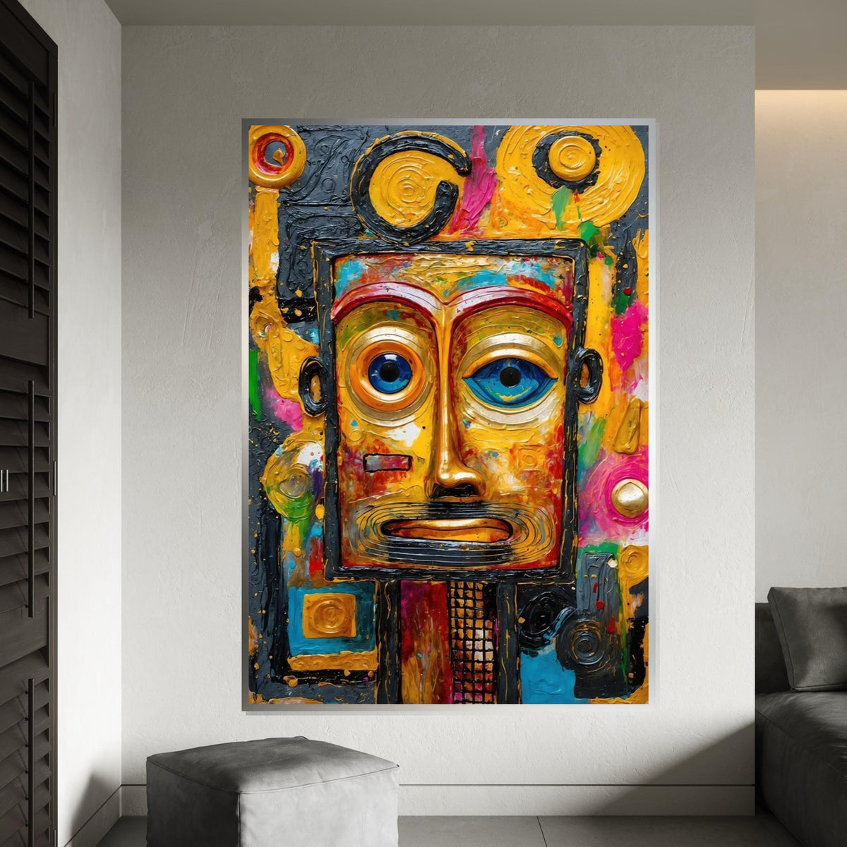 Abstract Tribal Mask Canvas, Colorful Face Art, Wall Art Canvas Design, Expressionist Canvas Print, Ready to Hang Decoration