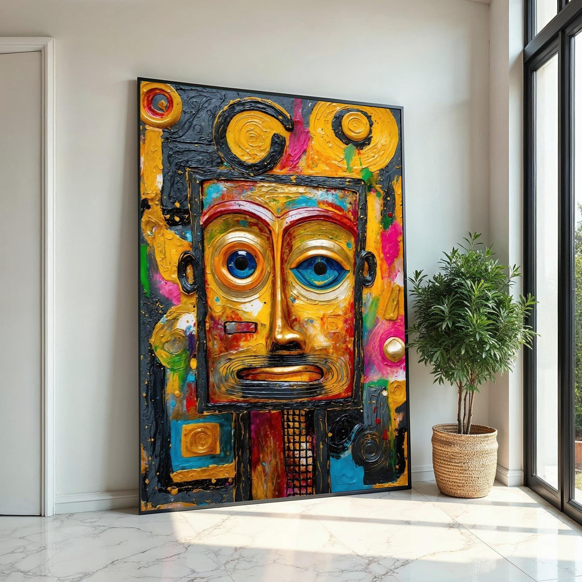 Abstract Tribal Mask Canvas, Colorful Face Art, Wall Art Canvas Design, Expressionist Canvas Print, Ready to Hang Decoration