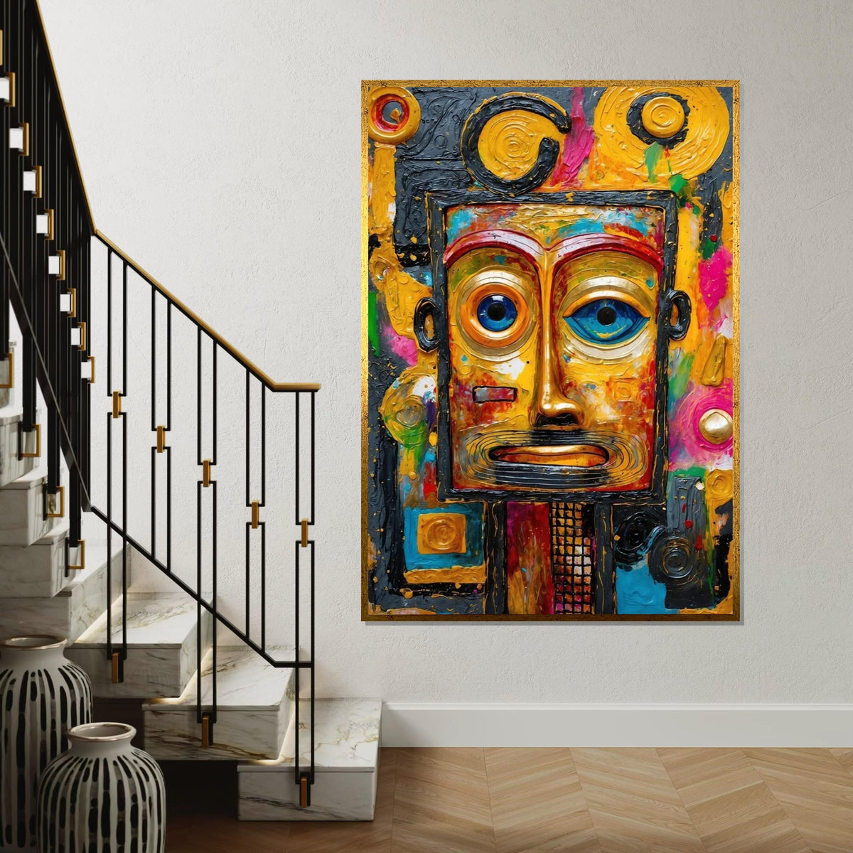 Abstract Tribal Mask Canvas, Colorful Face Art, Wall Art Canvas Design, Expressionist Canvas Print, Ready to Hang Decoration