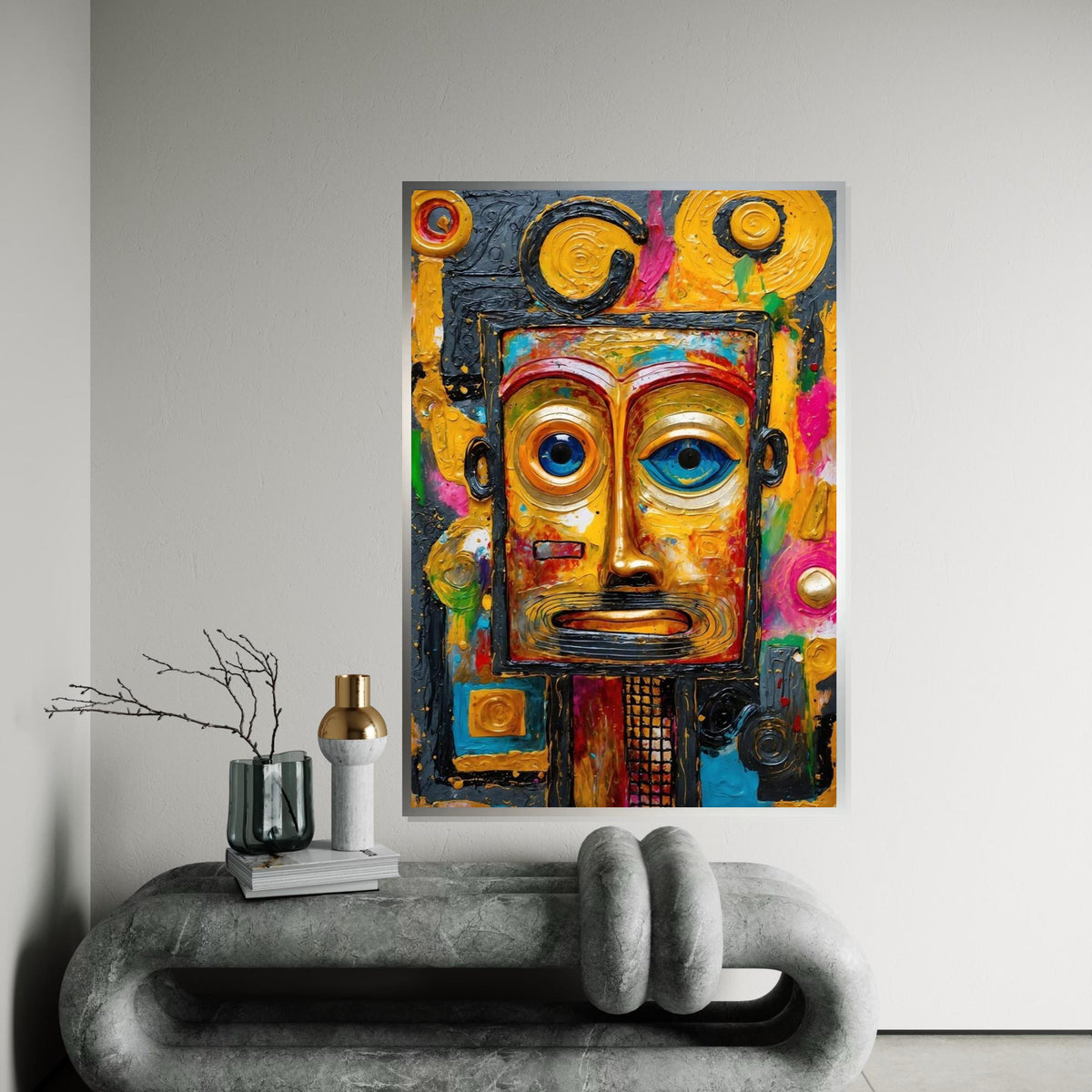 Abstract Tribal Mask Canvas, Colorful Face Art, Wall Art Canvas Design, Expressionist Canvas Print, Ready to Hang Decoration