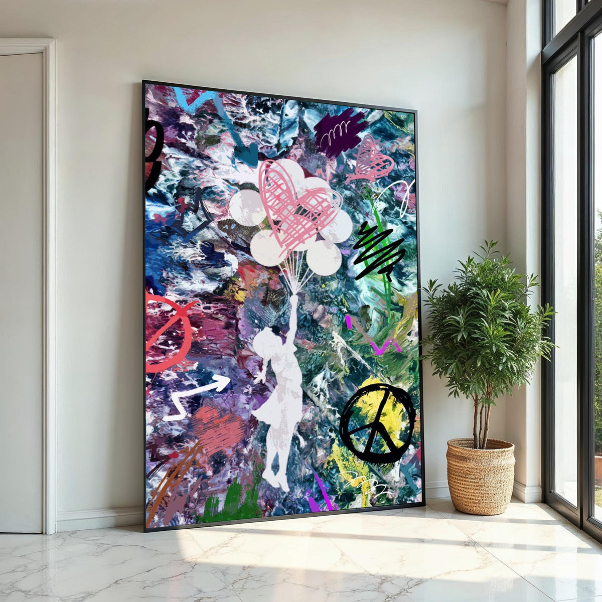 Heart Balloon Dreams, Abstract Girl Canvas Art, Colorful Wall Print, Graffiti Style, Wall Art Canvas Design, Ready To Hang Décor