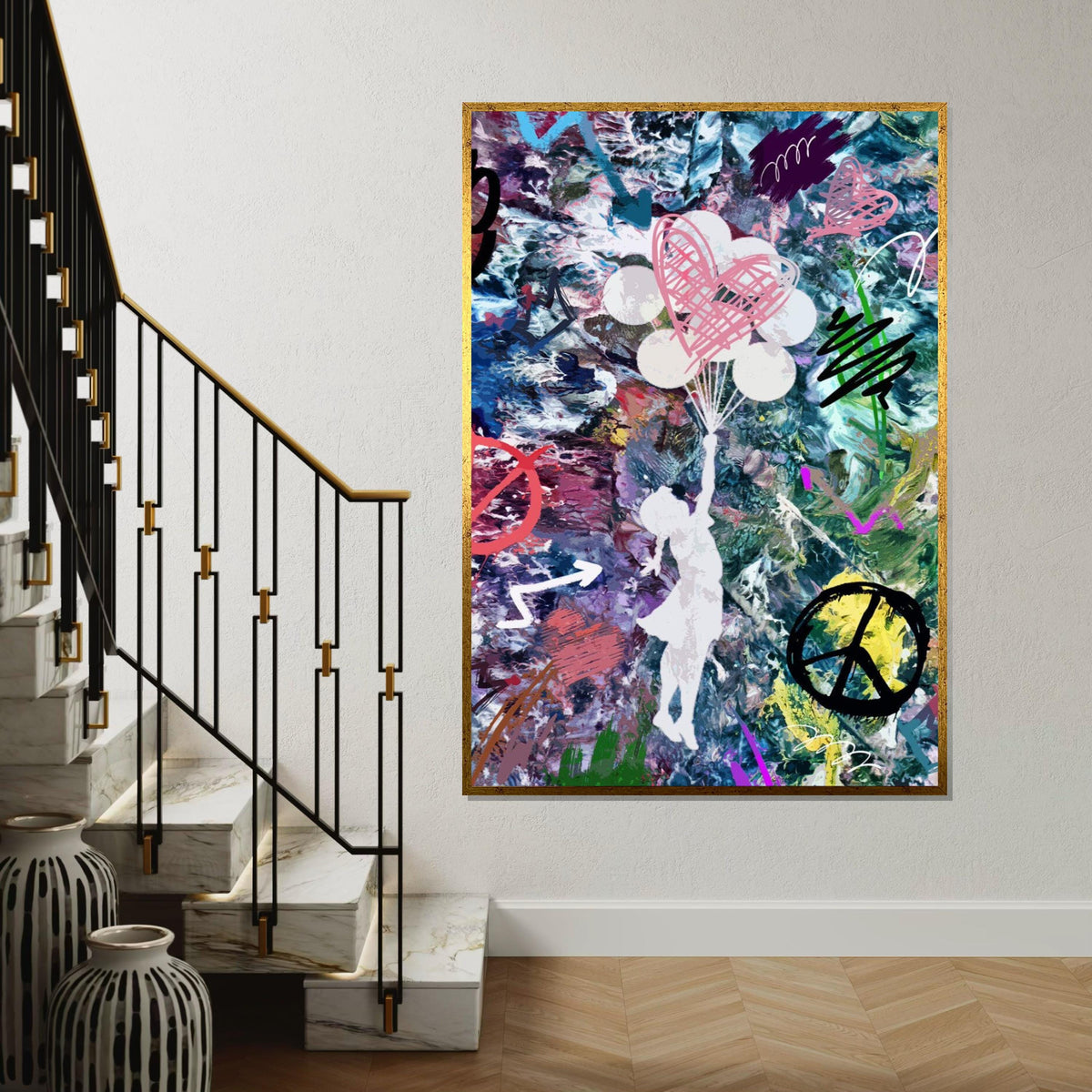 Heart Balloon Dreams, Abstract Girl Canvas Art, Colorful Wall Print, Graffiti Style, Wall Art Canvas Design, Ready To Hang Décor