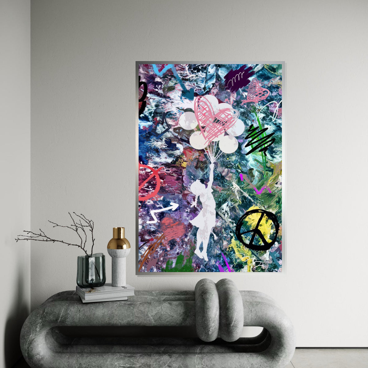 Heart Balloon Dreams, Abstract Girl Canvas Art, Colorful Wall Print, Graffiti Style, Wall Art Canvas Design, Ready To Hang Décor