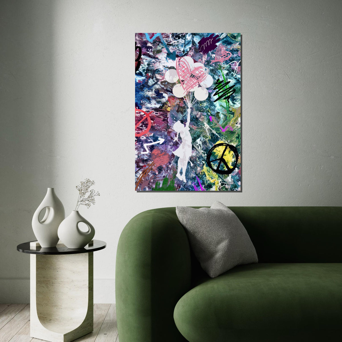 Heart Balloon Dreams, Abstract Girl Canvas Art, Colorful Wall Print, Graffiti Style, Wall Art Canvas Design, Ready To Hang Décor