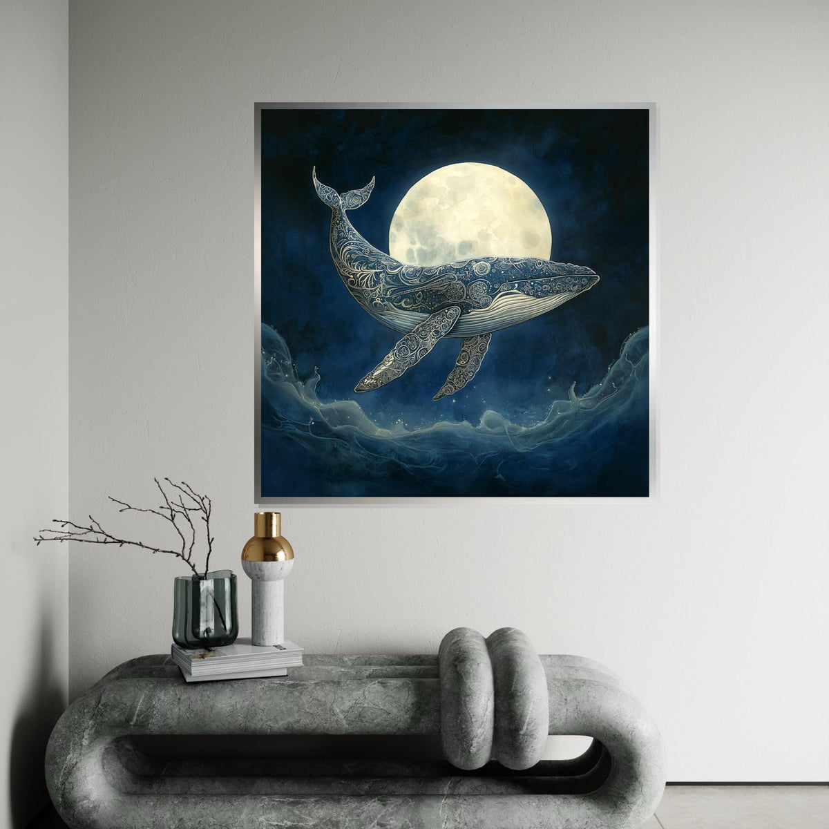 Blue Whale Celestial Mandala Canvas Print – Full Moon Ocean Wall Art, Boho Spiritual Decor, Mystical Nature Lover Gift