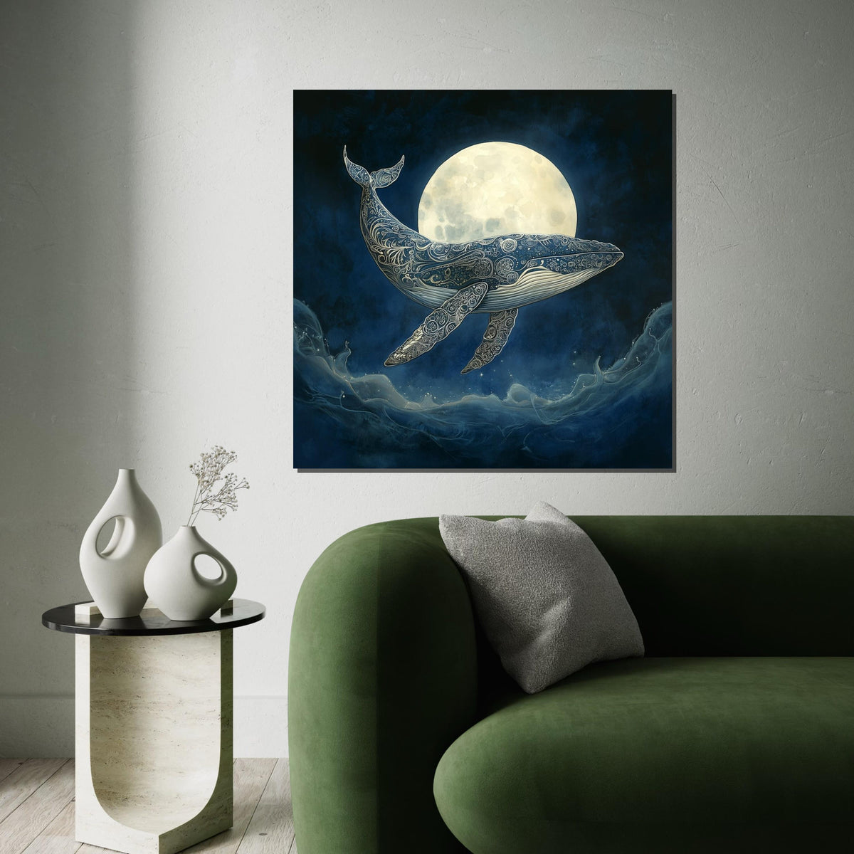 Blue Whale Celestial Mandala Canvas Print – Full Moon Ocean Wall Art, Boho Spiritual Decor, Mystical Nature Lover Gift