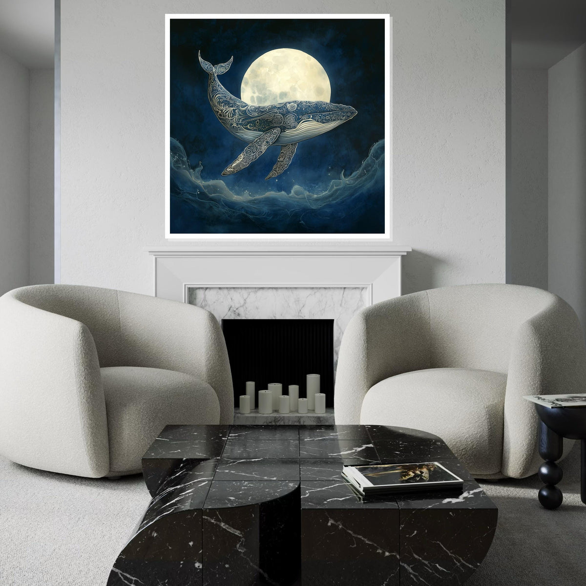 Blue Whale Celestial Mandala Canvas Print – Full Moon Ocean Wall Art, Boho Spiritual Decor, Mystical Nature Lover Gift
