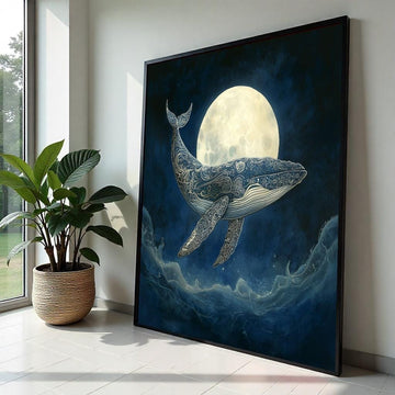 Blue Whale Celestial Mandala Canvas Print – Full Moon Ocean Wall Art, Boho Spiritual Decor, Mystical Nature Lover Gift