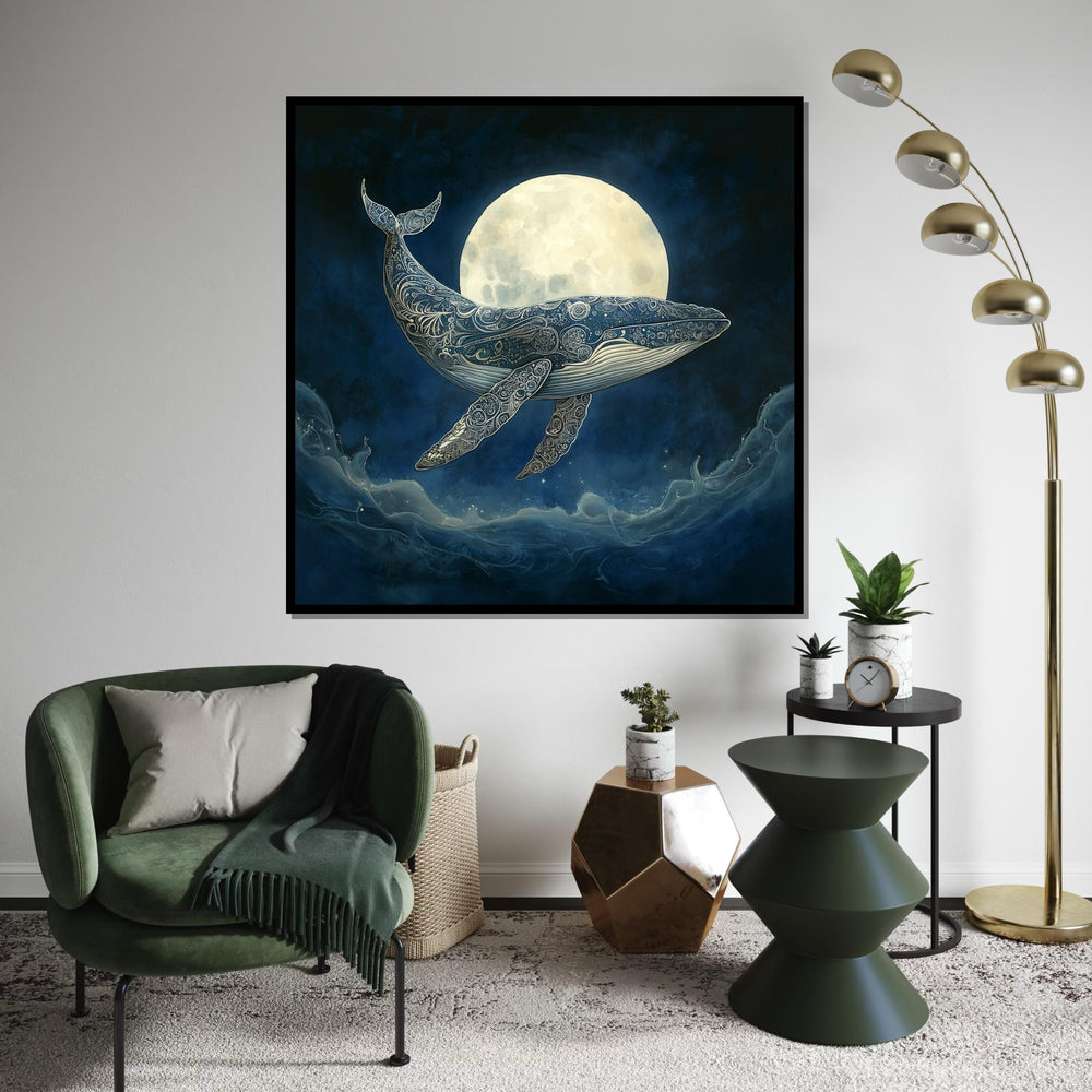 Blue Whale Celestial Mandala Canvas Print – Full Moon Ocean Wall Art, Boho Spiritual Decor, Mystical Nature Lover Gift