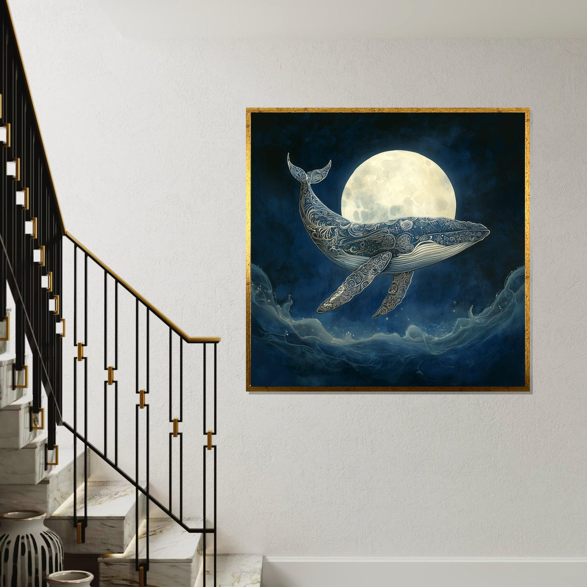 Blue Whale Celestial Mandala Canvas Print – Full Moon Ocean Wall Art, Boho Spiritual Decor, Mystical Nature Lover Gift
