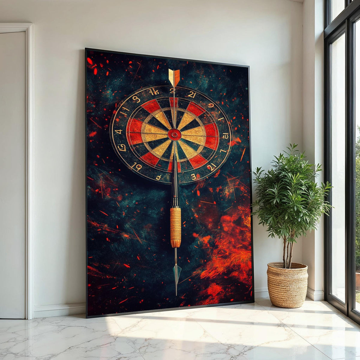 Dart Hitting Bullseye Canvas Print – Fiery Dartboard Wall Art, Game Room and Man Cave Decor, Motivational Sports Gift