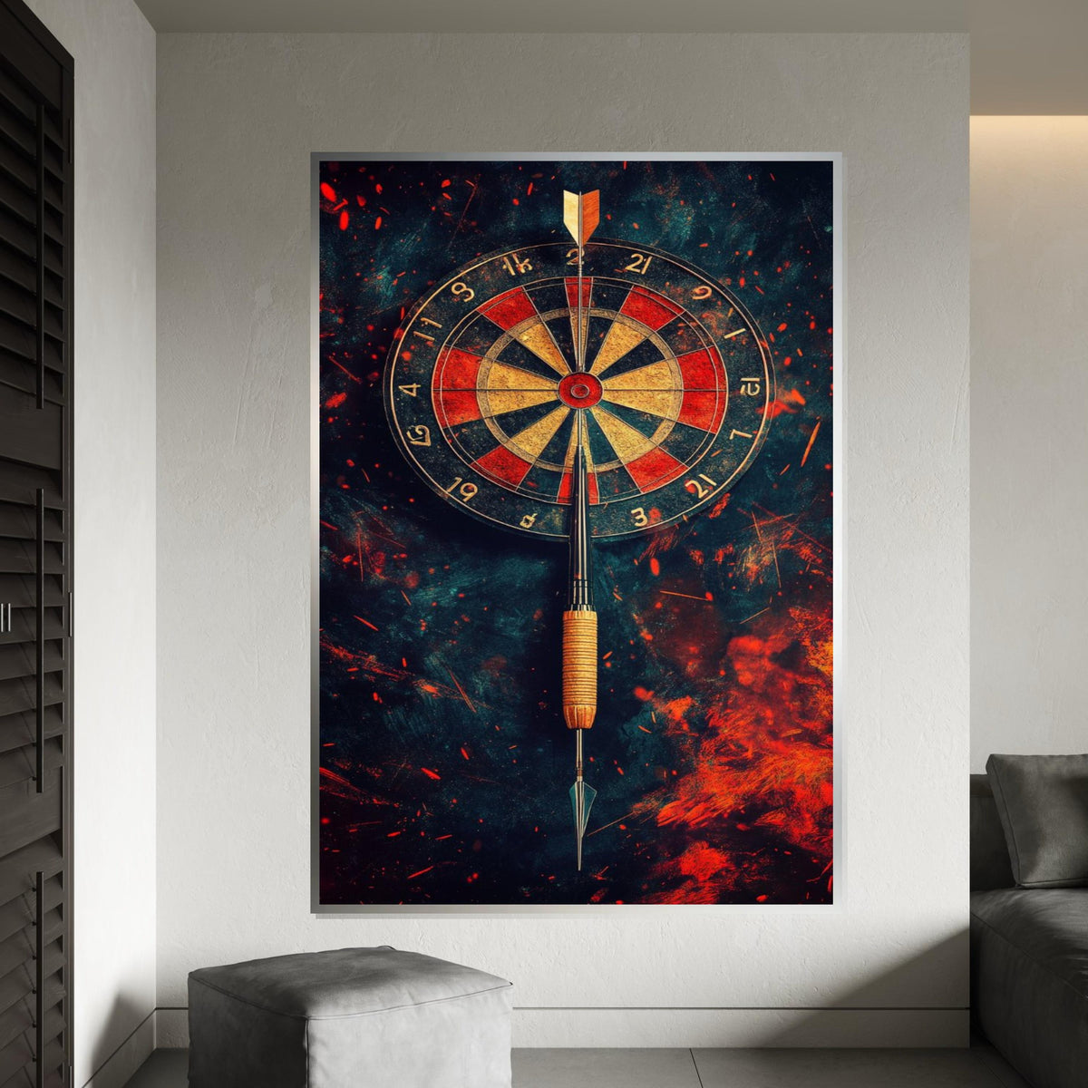 Dart Hitting Bullseye Canvas Print – Fiery Dartboard Wall Art, Game Room and Man Cave Decor, Motivational Sports Gift