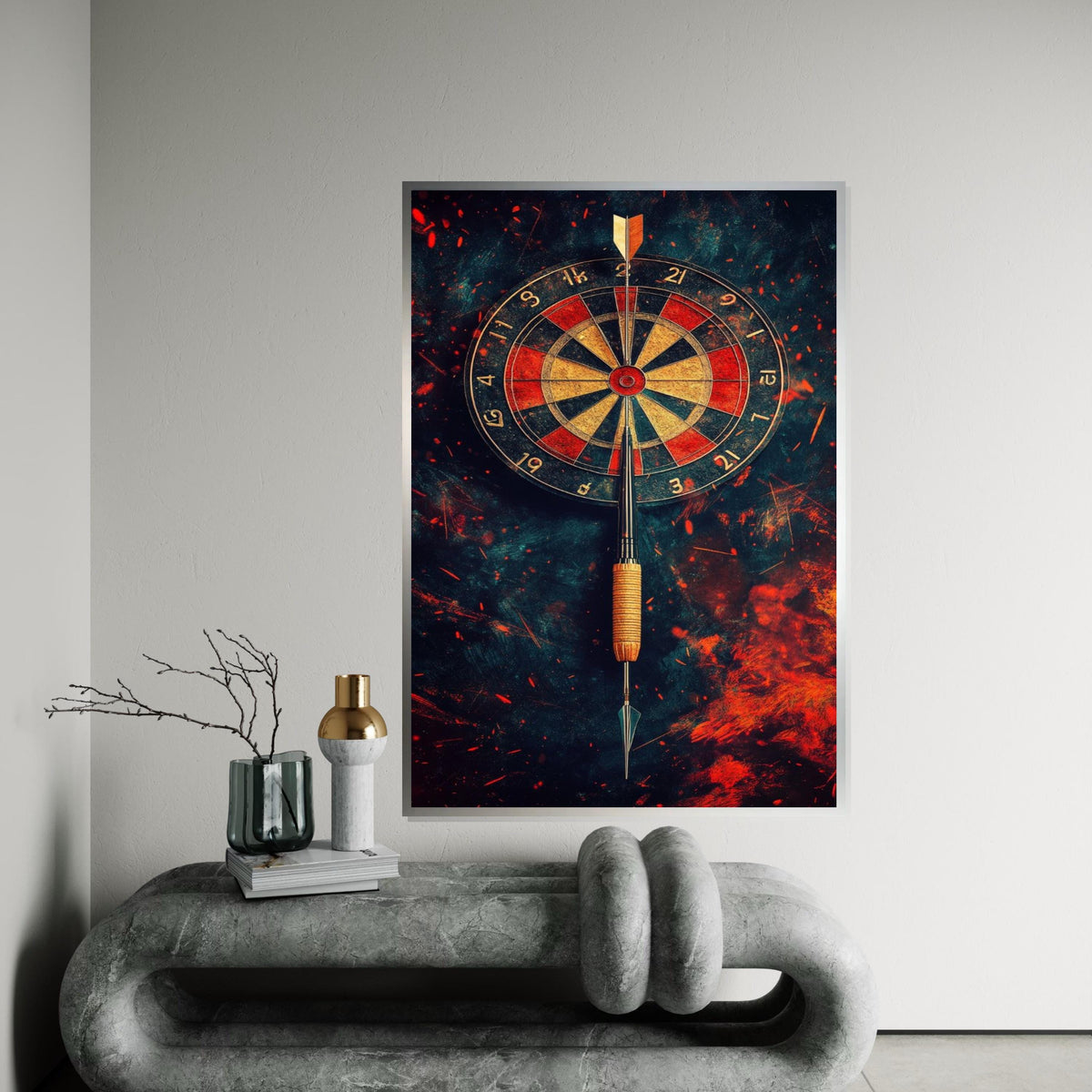Dart Hitting Bullseye Canvas Print – Fiery Dartboard Wall Art, Game Room and Man Cave Decor, Motivational Sports Gift