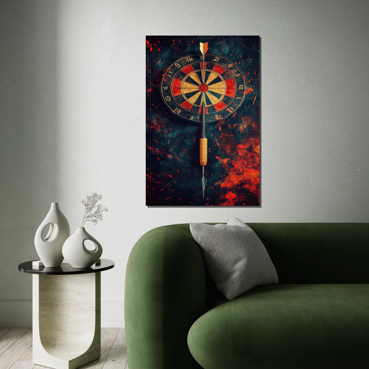 Dart Hitting Bullseye Canvas Print – Fiery Dartboard Wall Art, Game Room and Man Cave Decor, Motivational Sports Gift