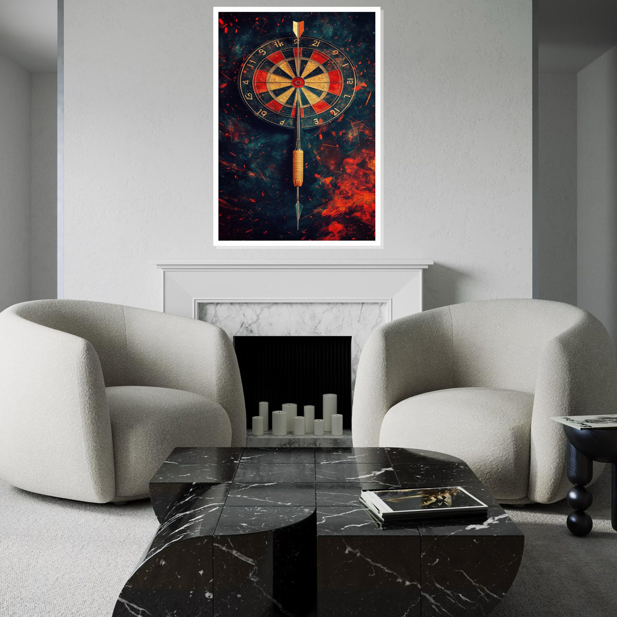 Dart Hitting Bullseye Canvas Print – Fiery Dartboard Wall Art, Game Room and Man Cave Decor, Motivational Sports Gift