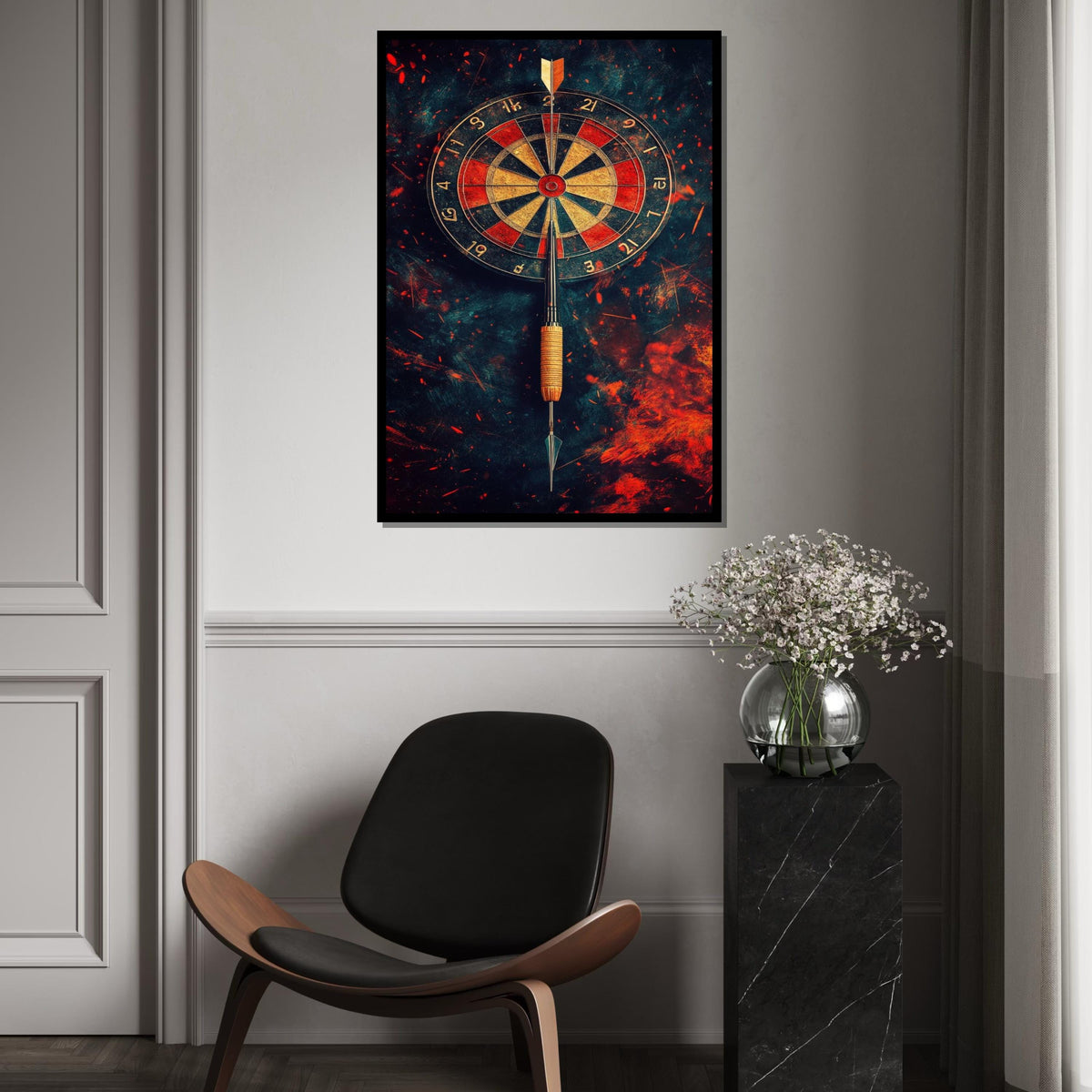 Dart Hitting Bullseye Canvas Print – Fiery Dartboard Wall Art, Game Room and Man Cave Decor, Motivational Sports Gift