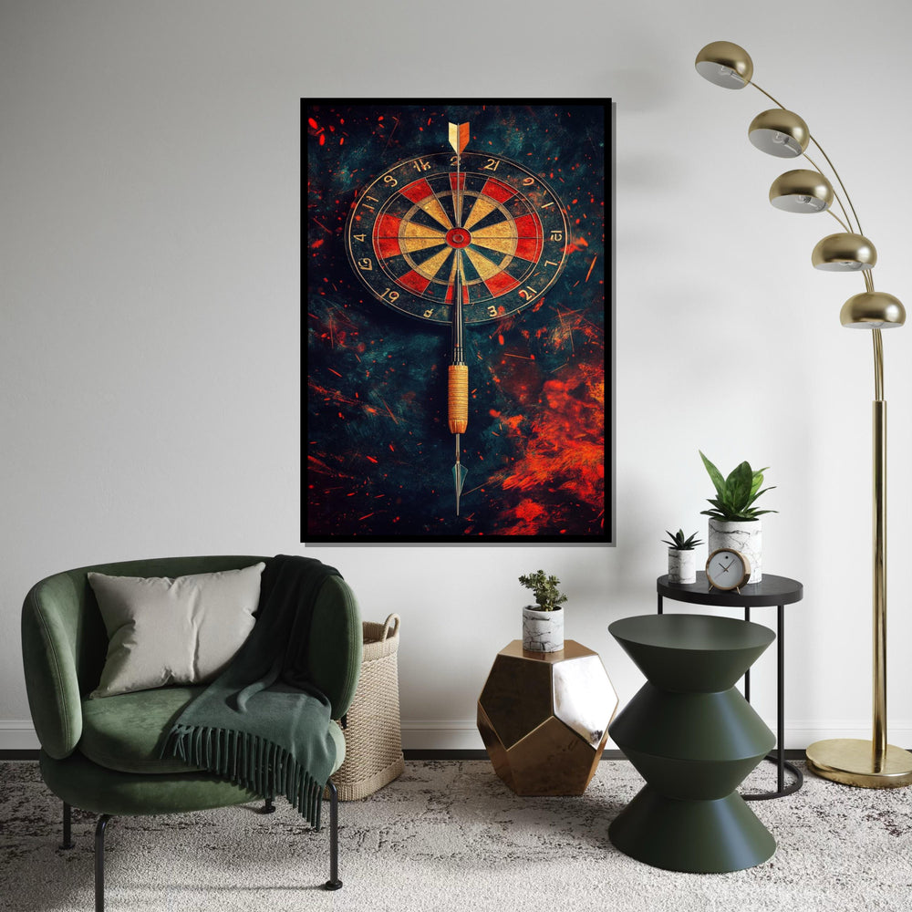 Dart Hitting Bullseye Canvas Print – Fiery Dartboard Wall Art, Game Room and Man Cave Decor, Motivational Sports Gift