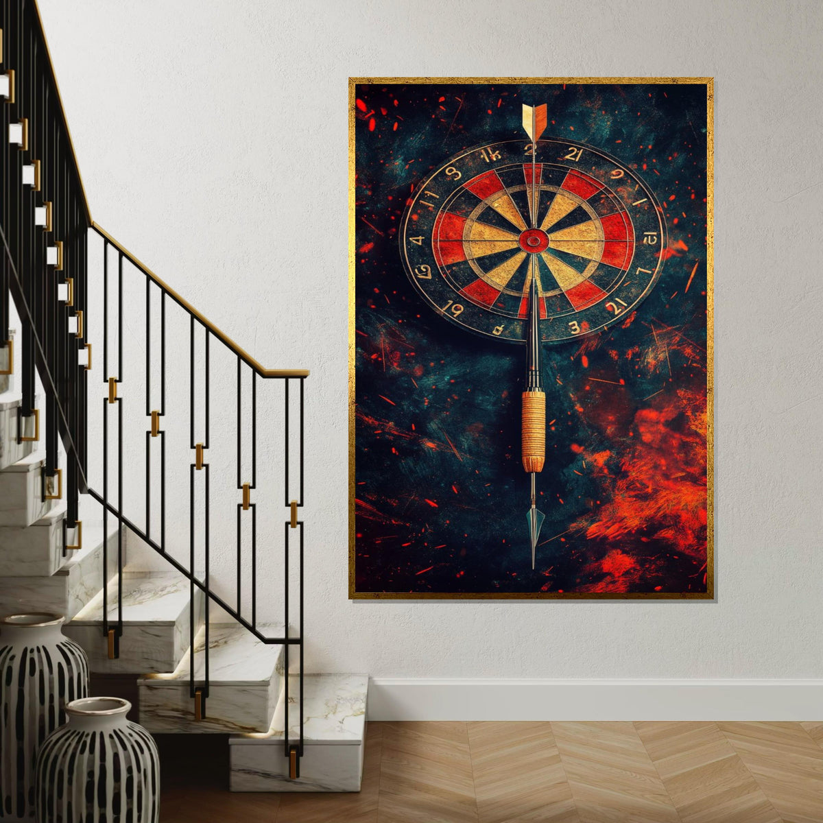 Dart Hitting Bullseye Canvas Print – Fiery Dartboard Wall Art, Game Room and Man Cave Decor, Motivational Sports Gift