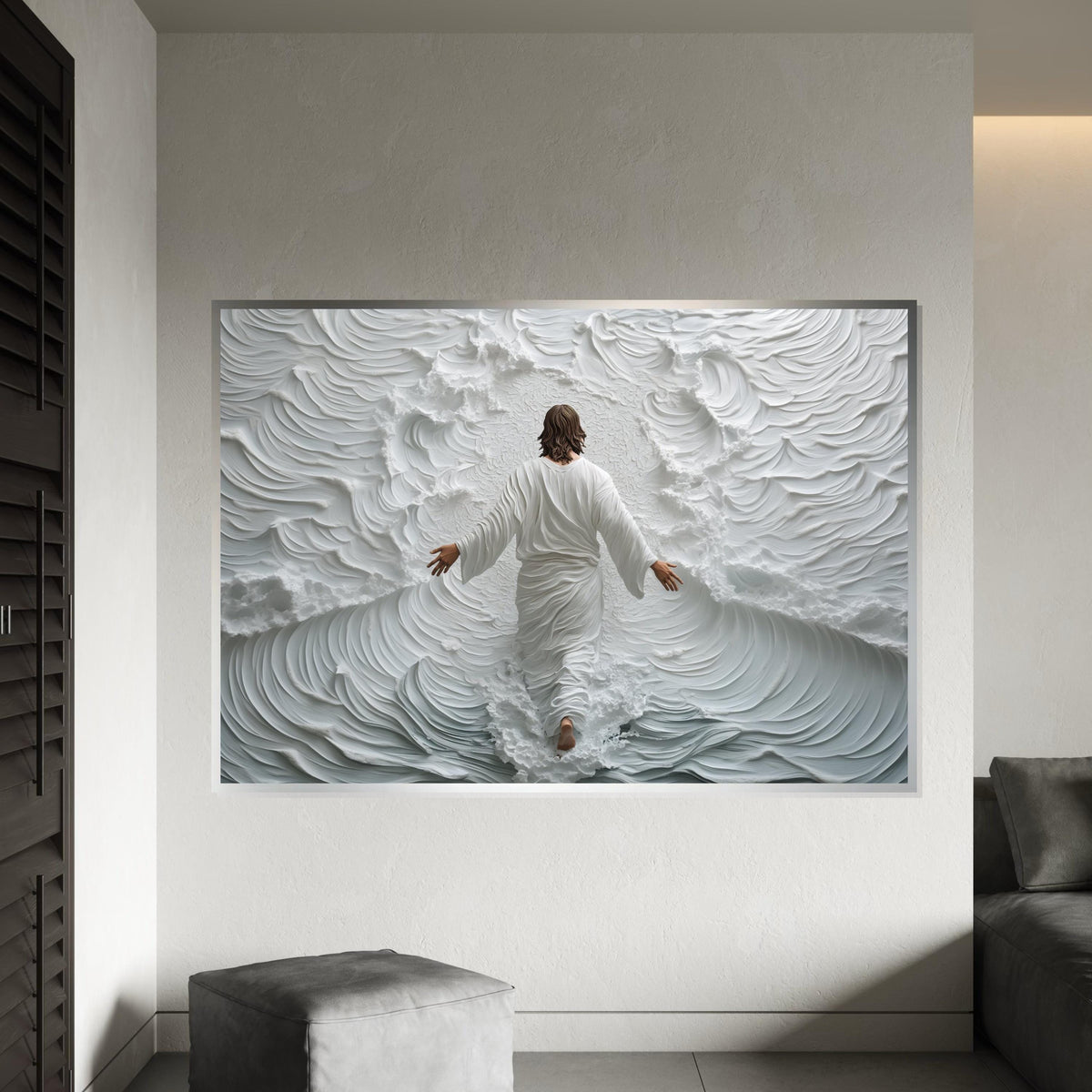 Jesus Walking on Water Canvas Print – Spiritual Abstract Ocean Scene, Christian Wall Art Home Decor, Inspirational Faith Gift